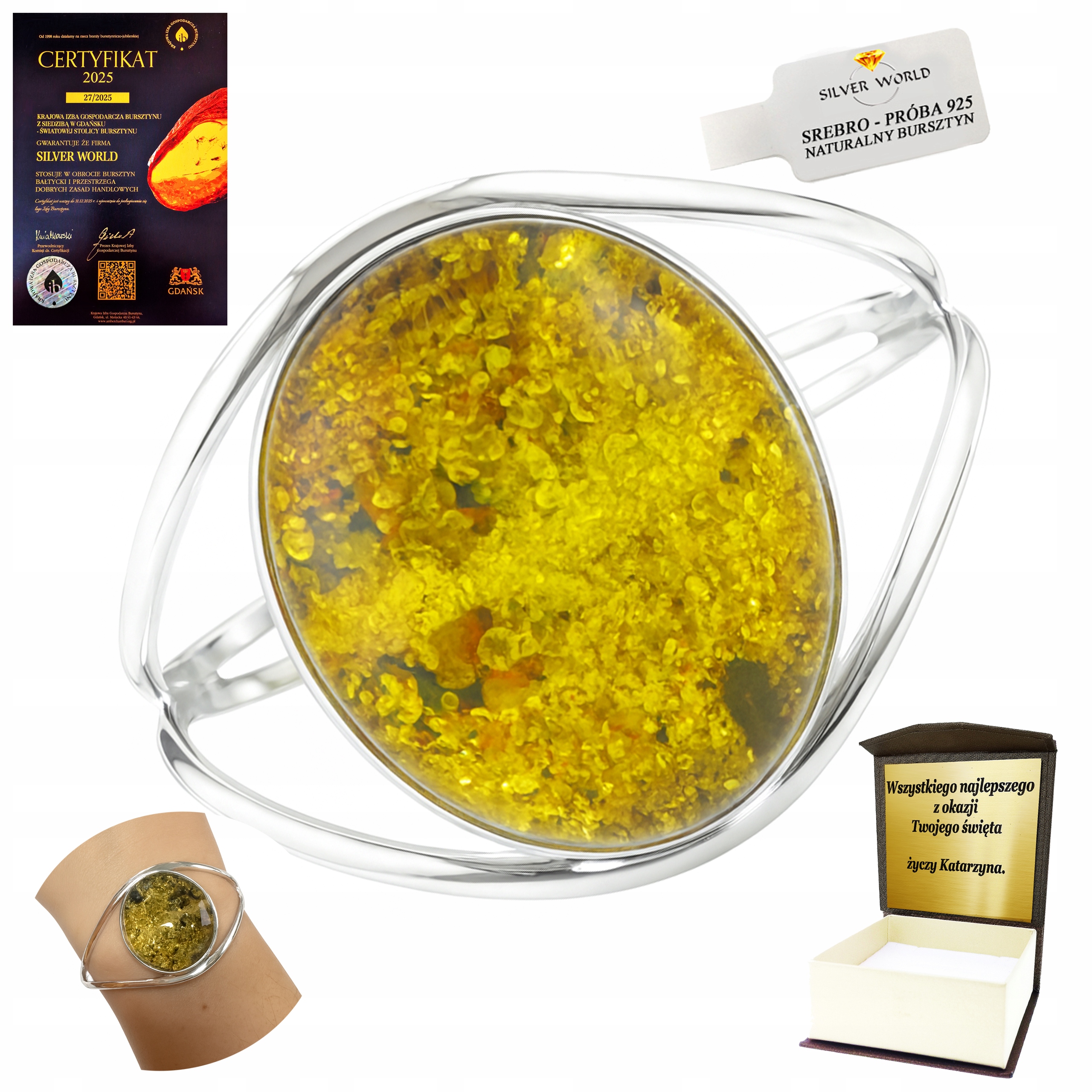 Stříbrný Náramek Se Zeleným Jantarem Jako Dárek Ruční Práce Gravírování