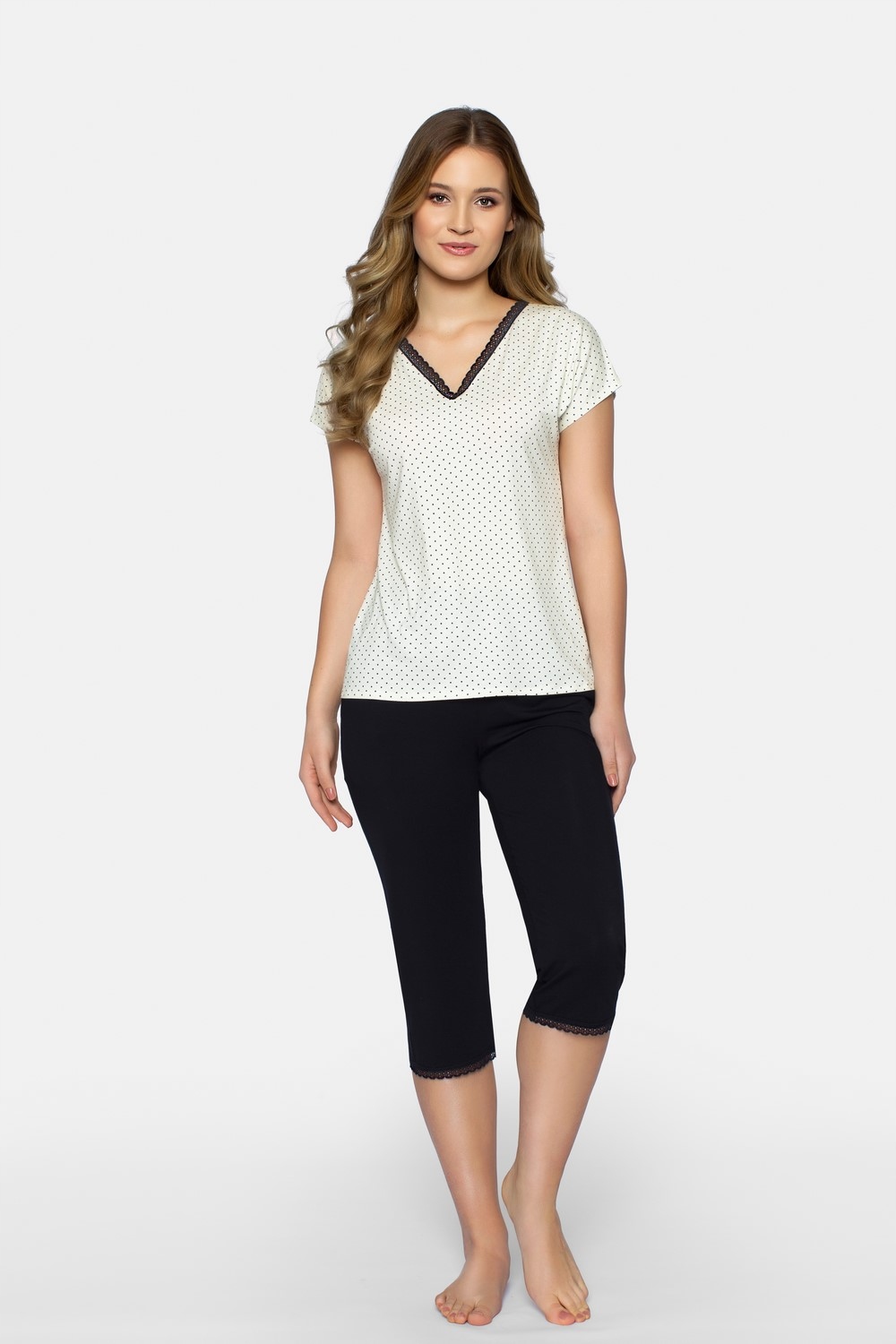 Dámské pyžamo Cleo s puntíky, krémová barva, černá [M]