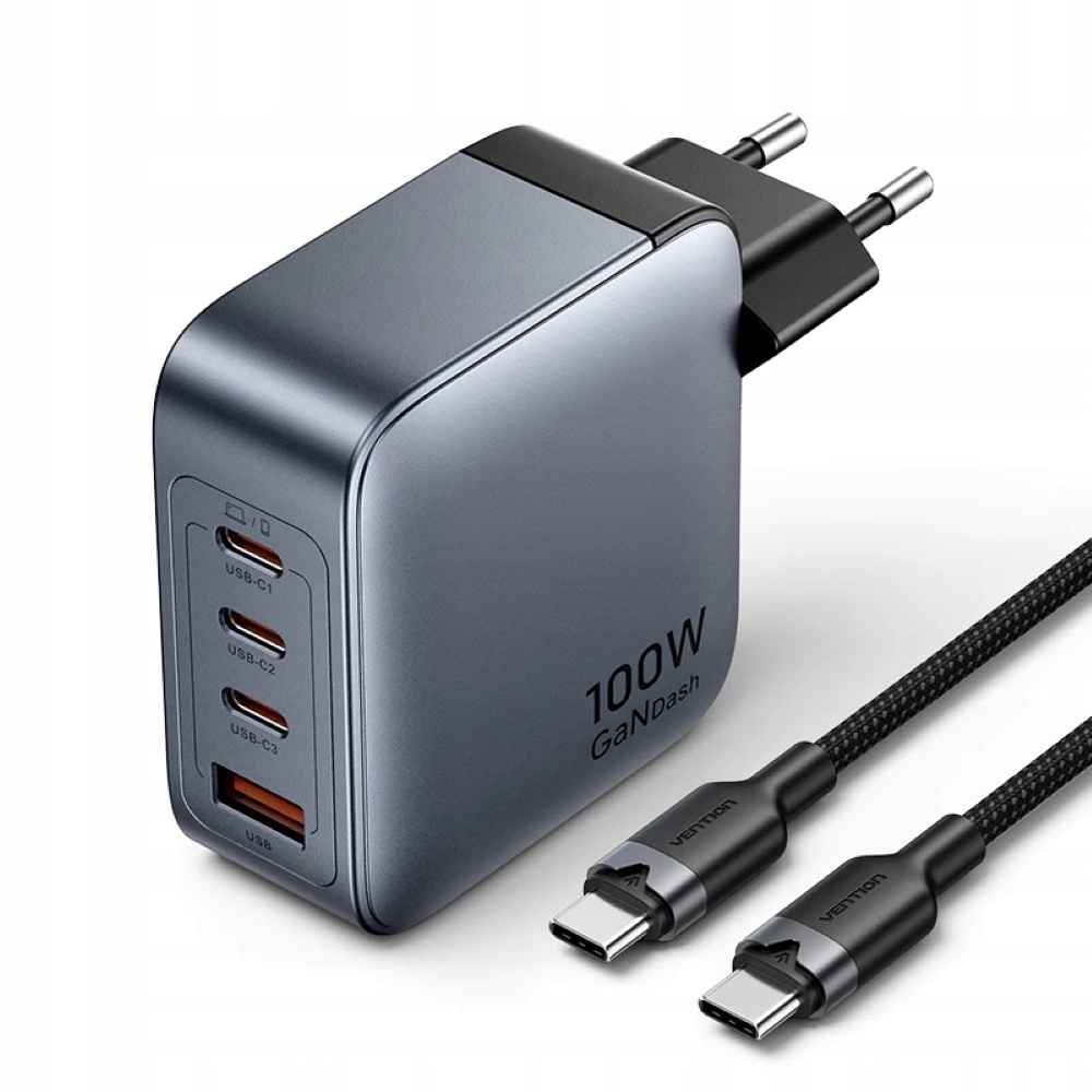 Ładowarka Vention 100W GaN 4-portowa z kablem Usb-c 1m