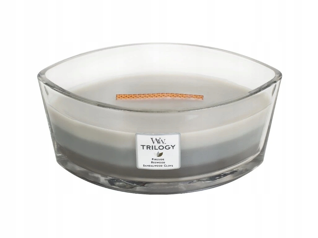WoodWick vonná svíčka s dřevěným knotem Trilogy Elipsa Warm Woods 453,6 g