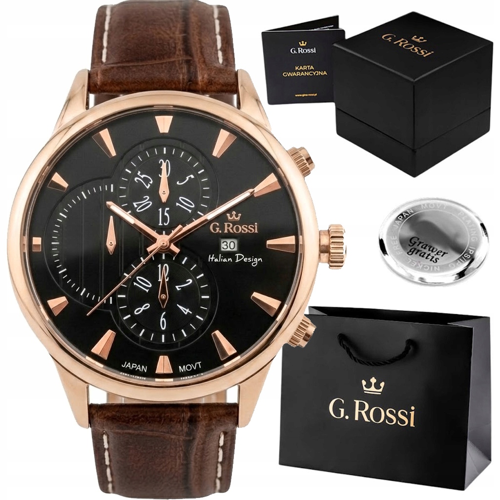 Pánské hodinky G. Rossi Luxor s gravírováním kožený řemínek Datumovka