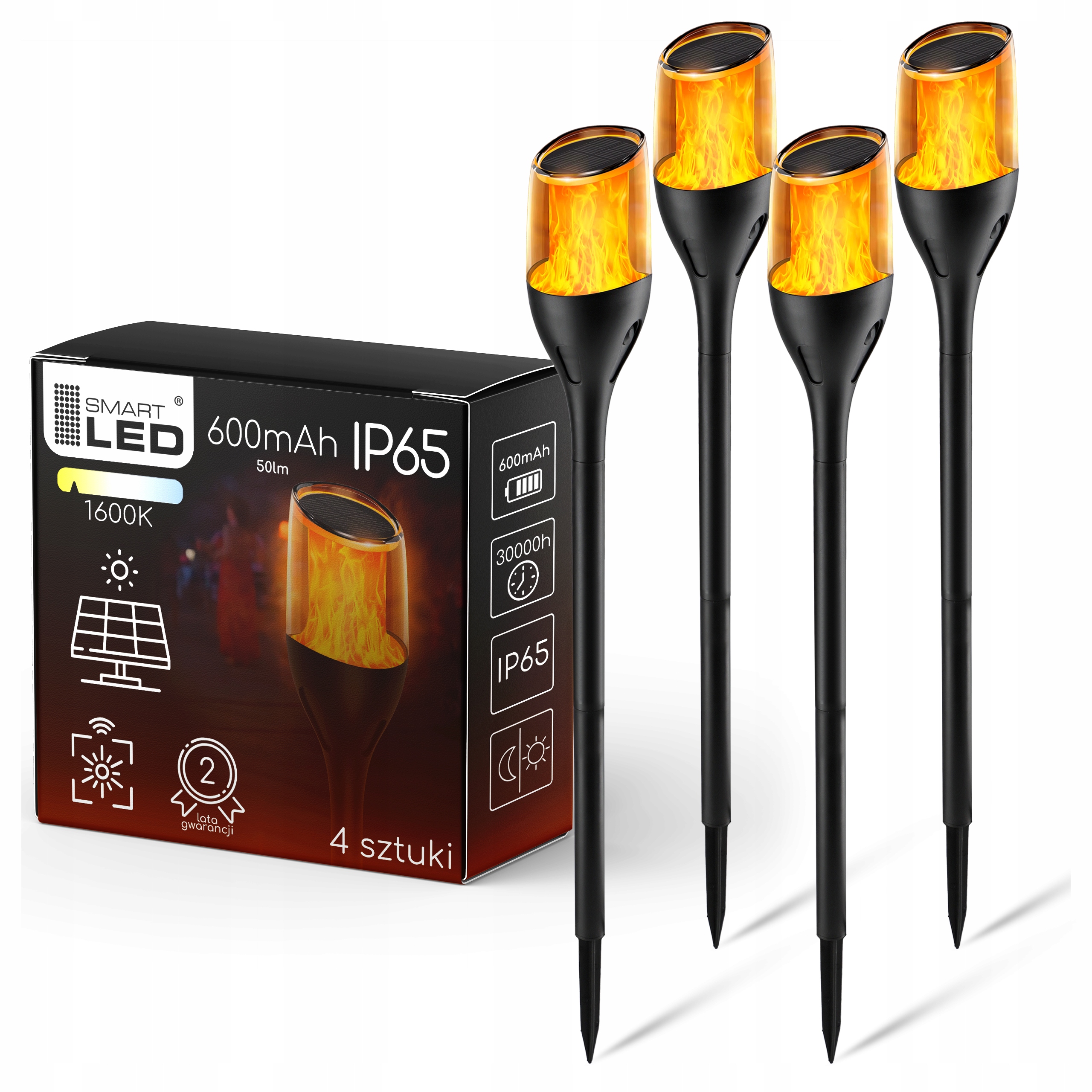 Lampa Solarna Ogrodowa Led Słupek Wbijany Czujnik Zmierzchu Pochodnia Ogień