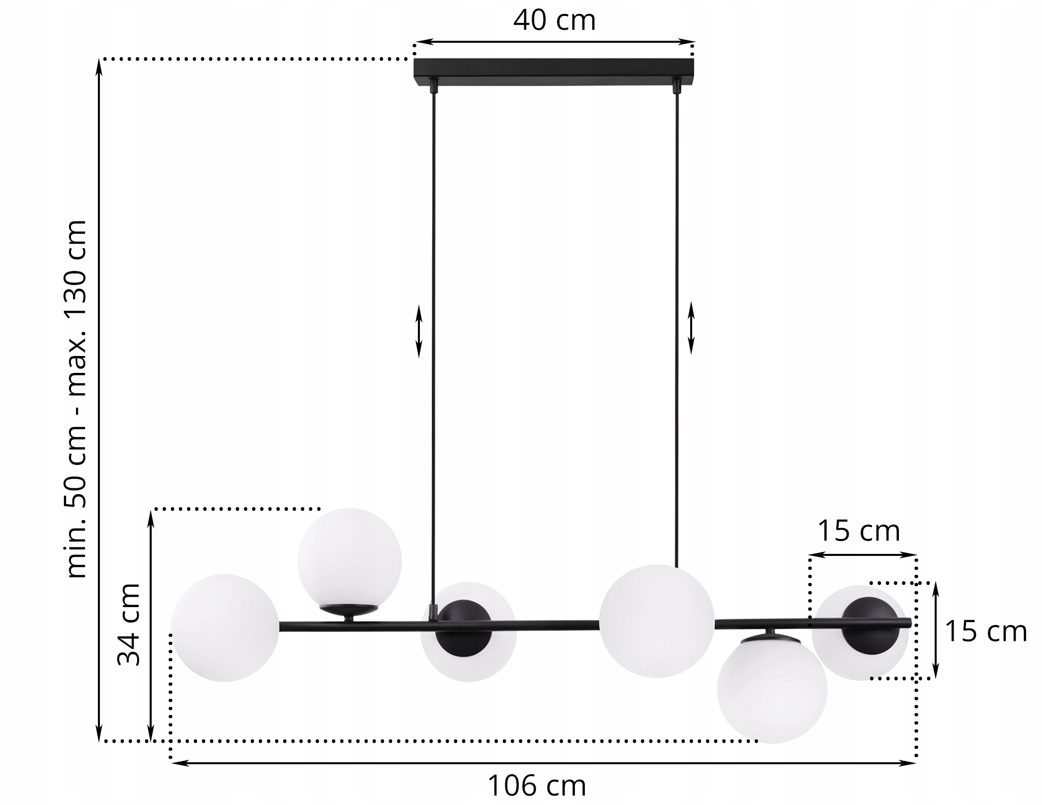LAMPA SUFITOWA WISZĄCA ŻYRANDOL CZARNA LISTWA DO SALONU POKOJU JADALNI KULE Długość/wysokość 120 cm