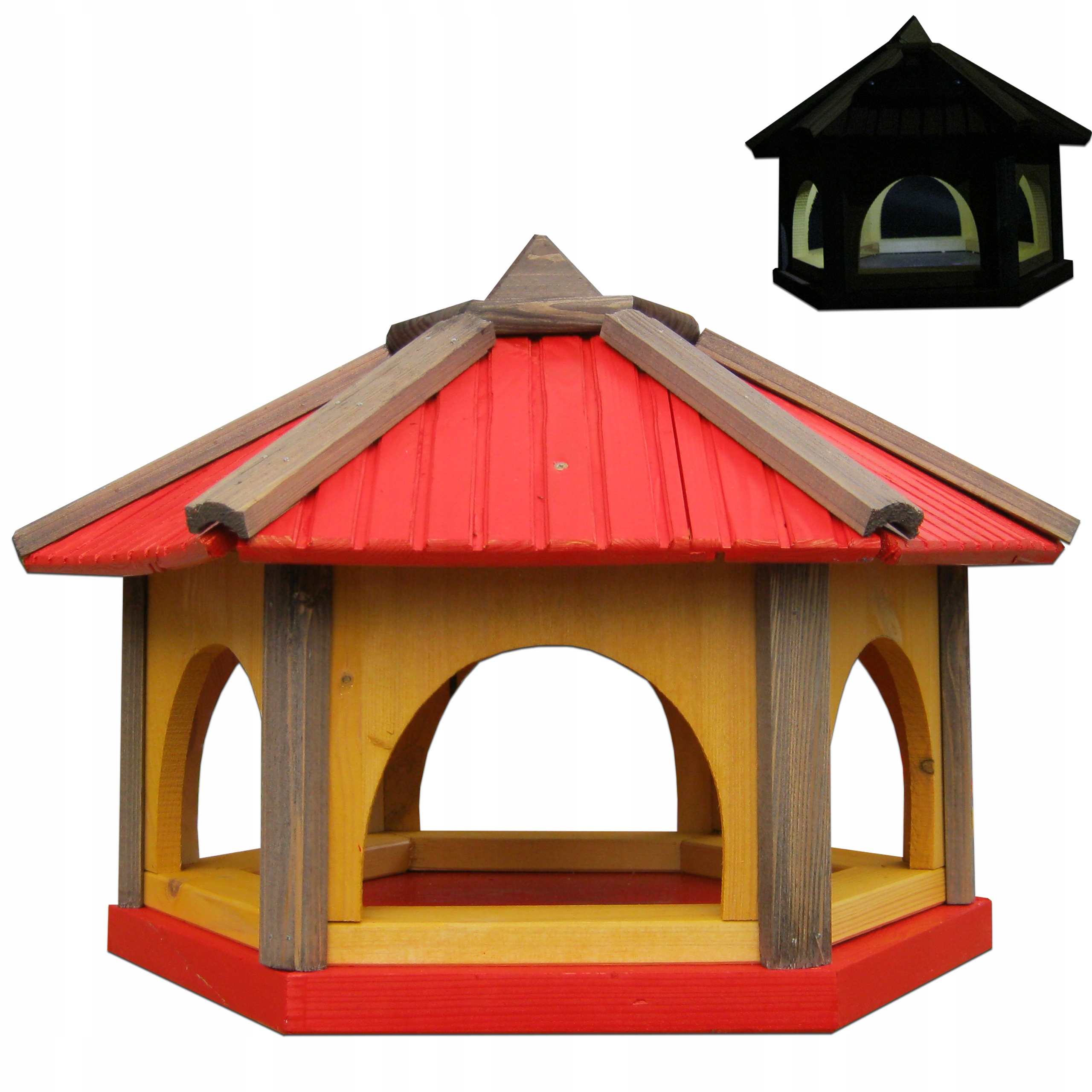 Velké krmítko pro ptáky z červeného dřeva K50_S s Led solárním osvětlením