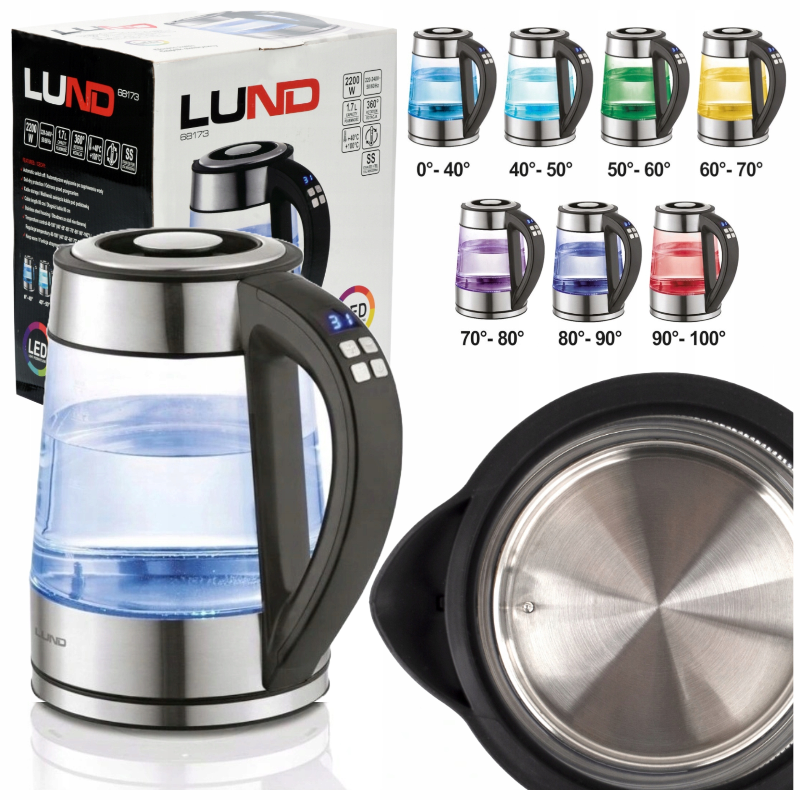 Czajnik Elektryczny Szklany Lund Z Regulacją Temperatury I Led 1,7L Czarny