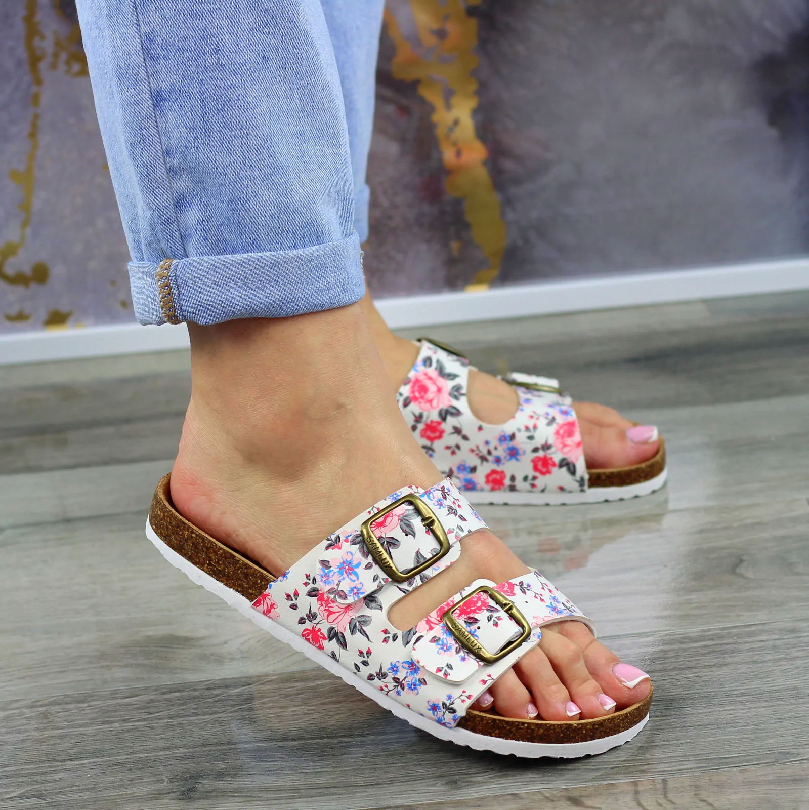 BIAŁE SKÓRZANE PROFILOWANE MEDYCZNE KLAPKI KWIATY6 Długość wkładki 23.5 cm