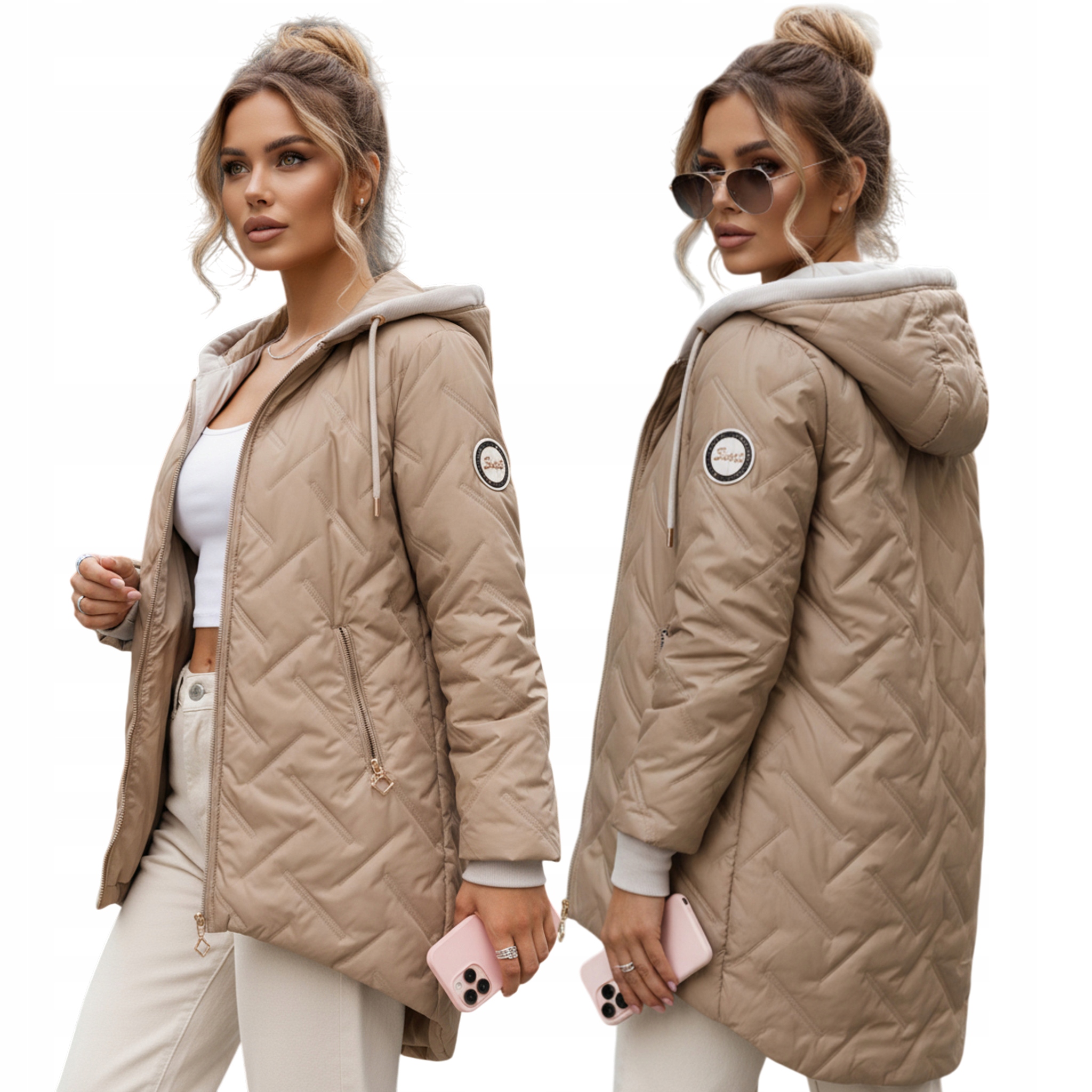 Kurtka przejściowa damska pikowana o przedłużonym kroju beżowa TY5612 XXL