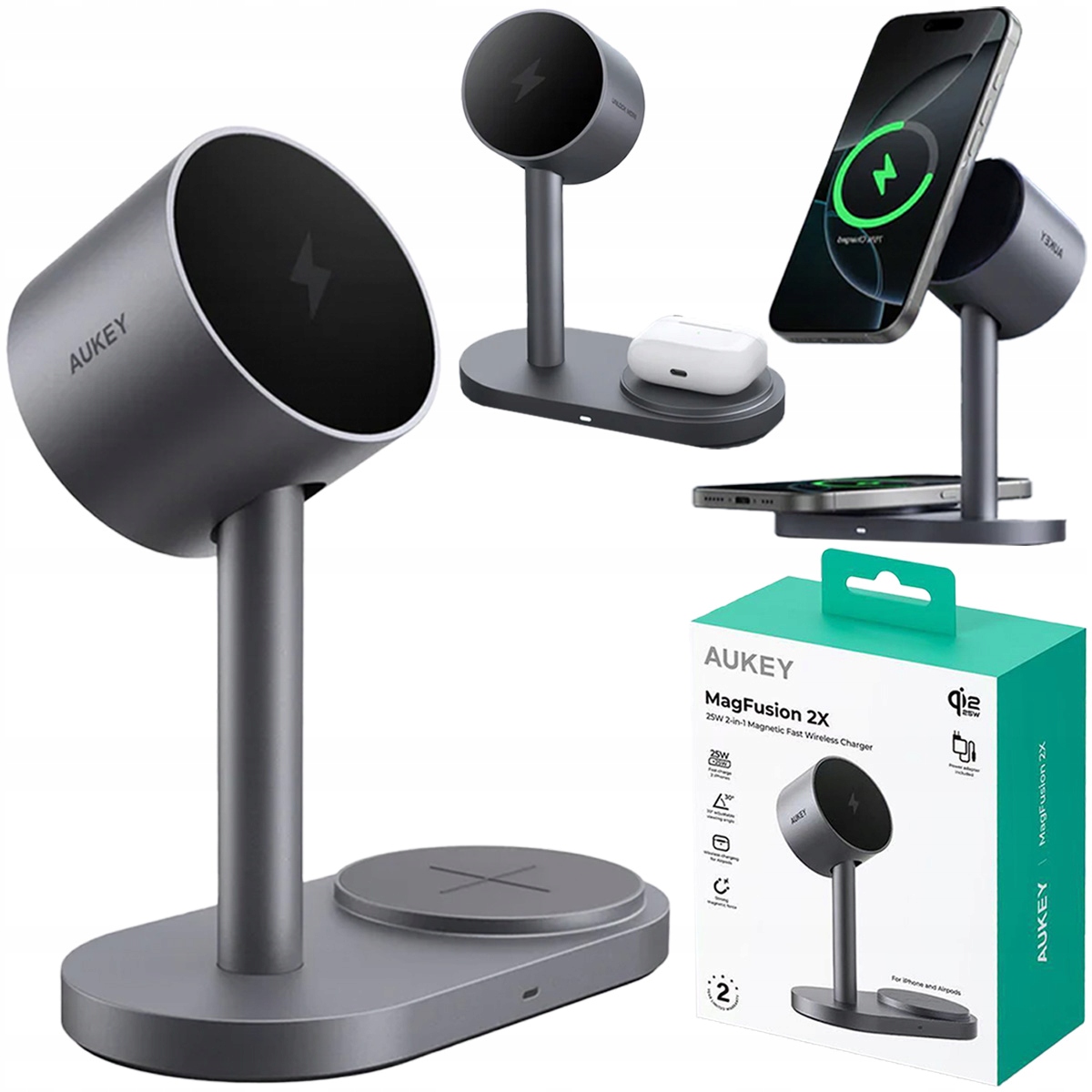 Aukey Ładowarka bezprzewodowa 2w1na słuchawki telefon iPhone Airpods Qi2.2