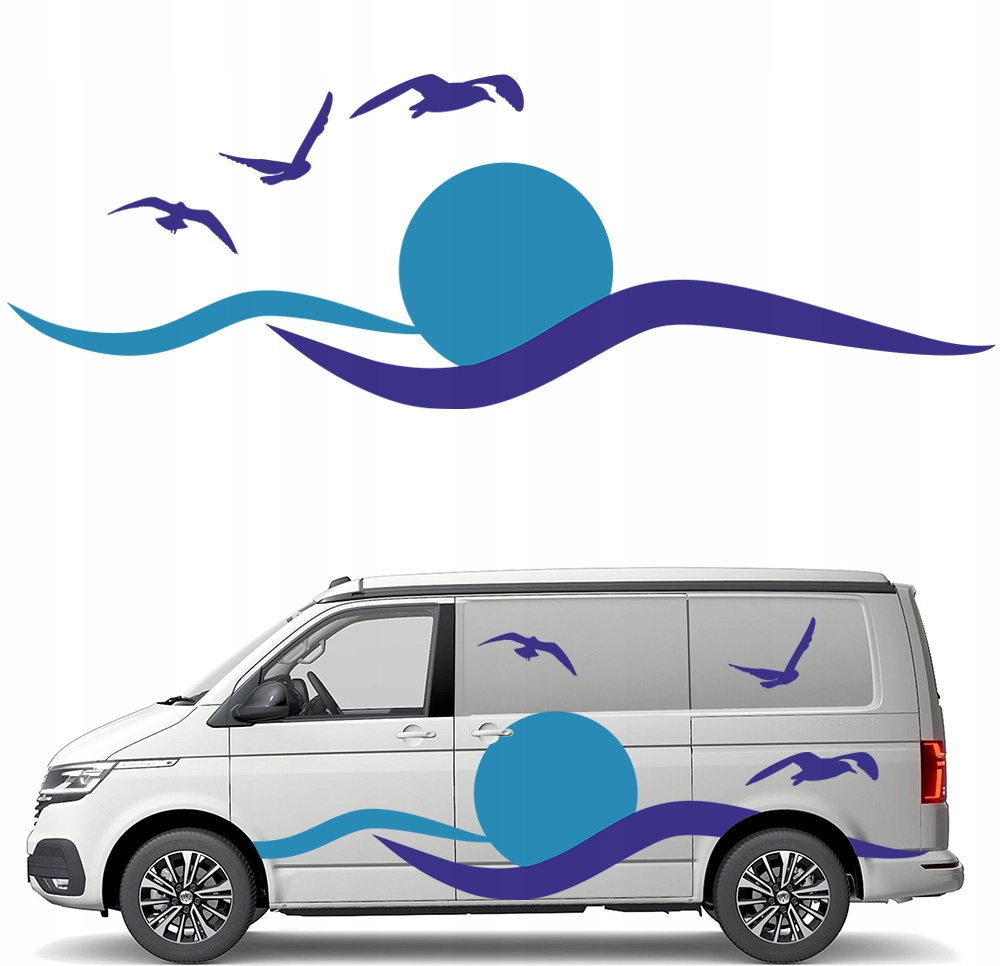 Samolepka Grafika na karavan přívěsu auto Ocean Ptáci Slunce Vlny 90x266