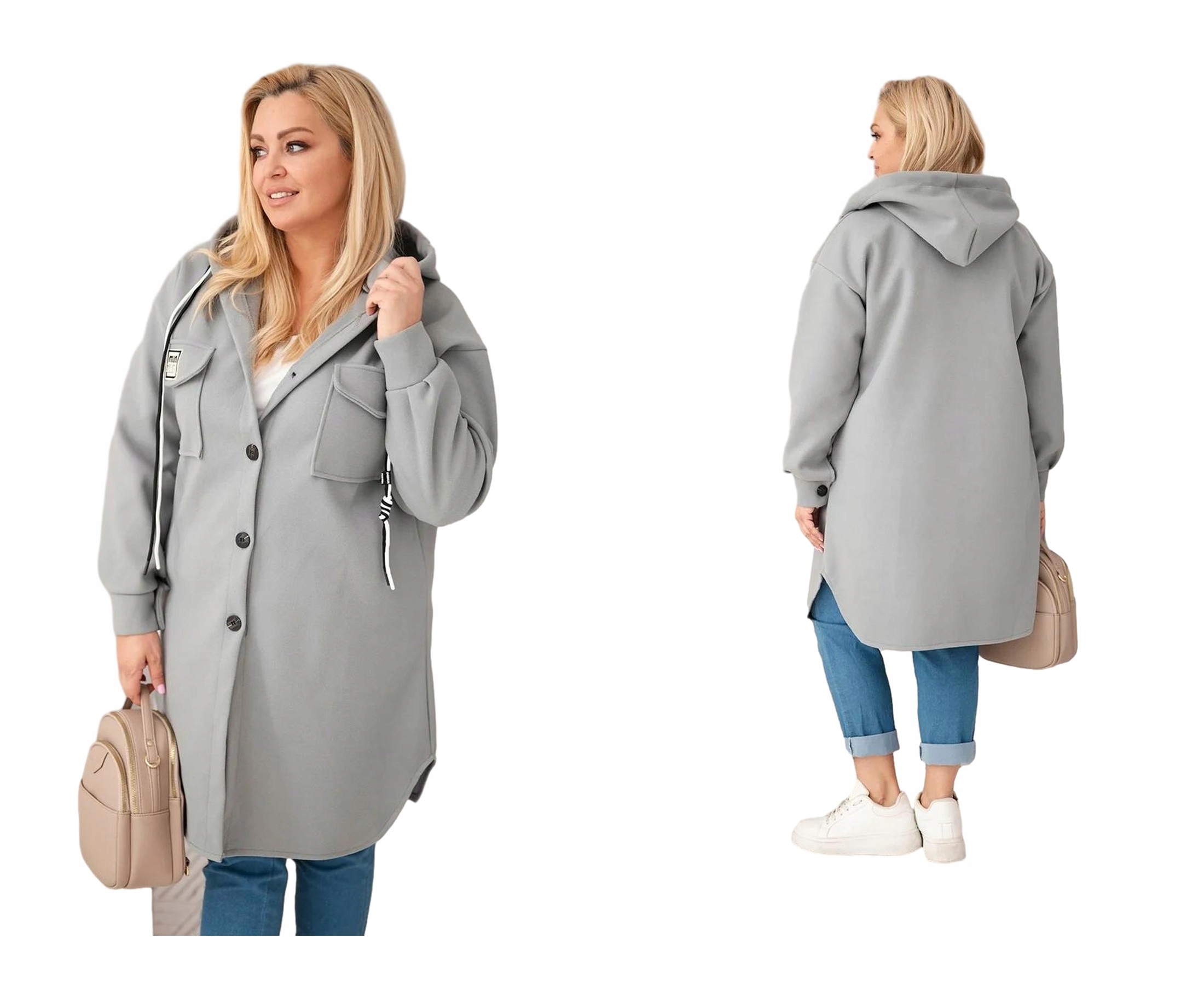 Šedý dámský kabát Plus Size s kapucí na knoflíky