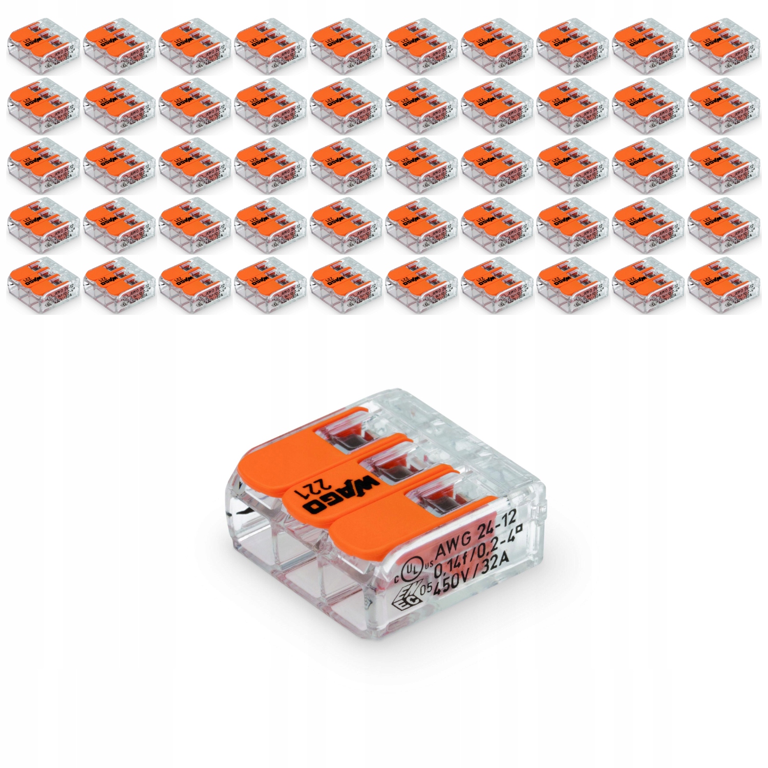 Sada 100 x Rýchlospojka 3 zásuvky Wago 0,14-4 mm 221-413, upínacia spojka