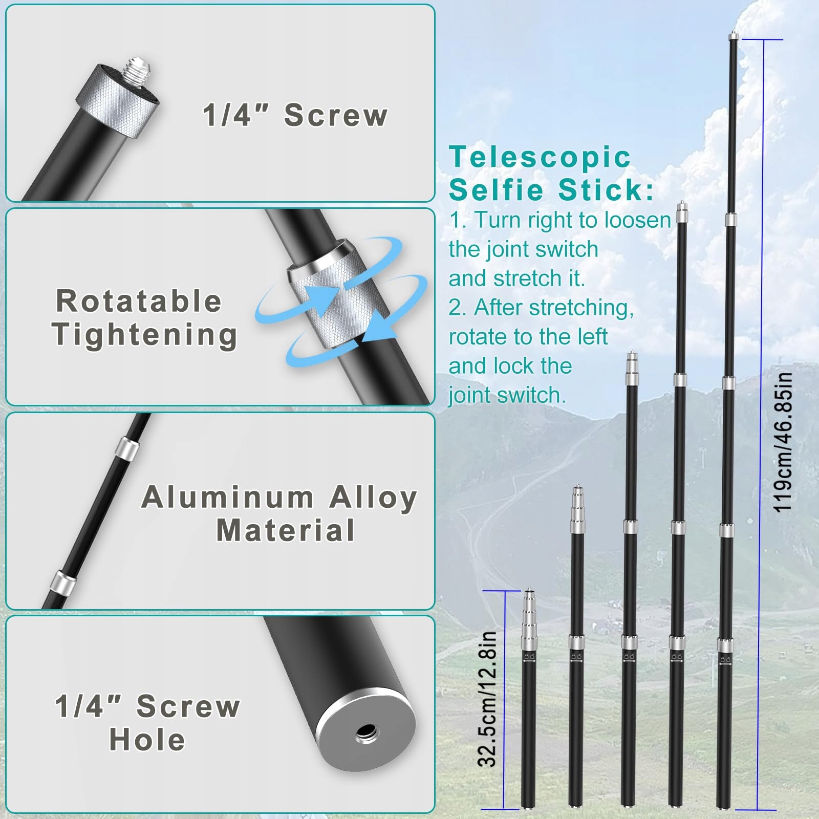 UNSTINCER Uchwyt Kamery Rower Motocykl ATV Selfie Stick 119cm Gopro DJI — miniatura 5