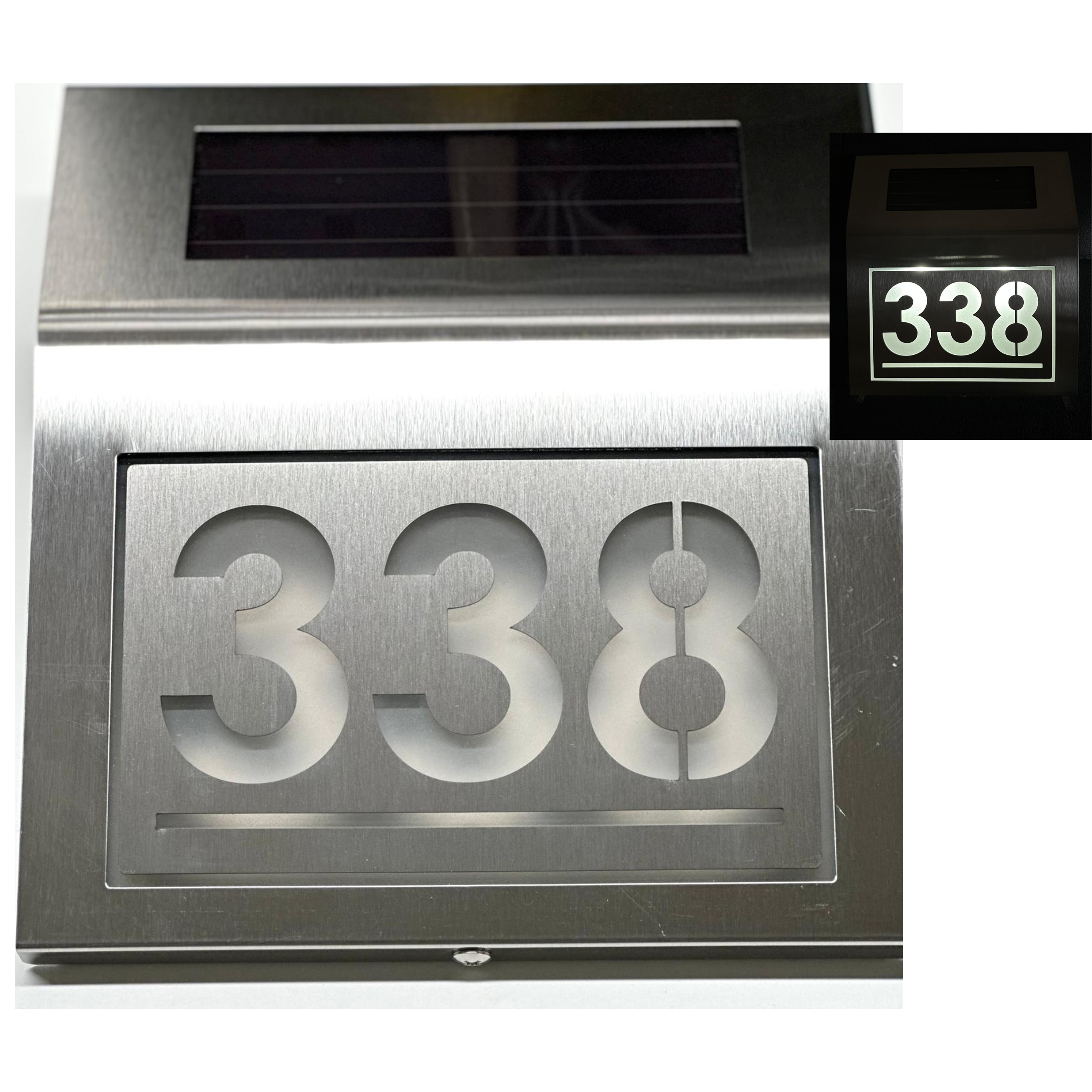 Solární Led číslo, senzor soumraku, podsvícený, nerezová ocel Inox