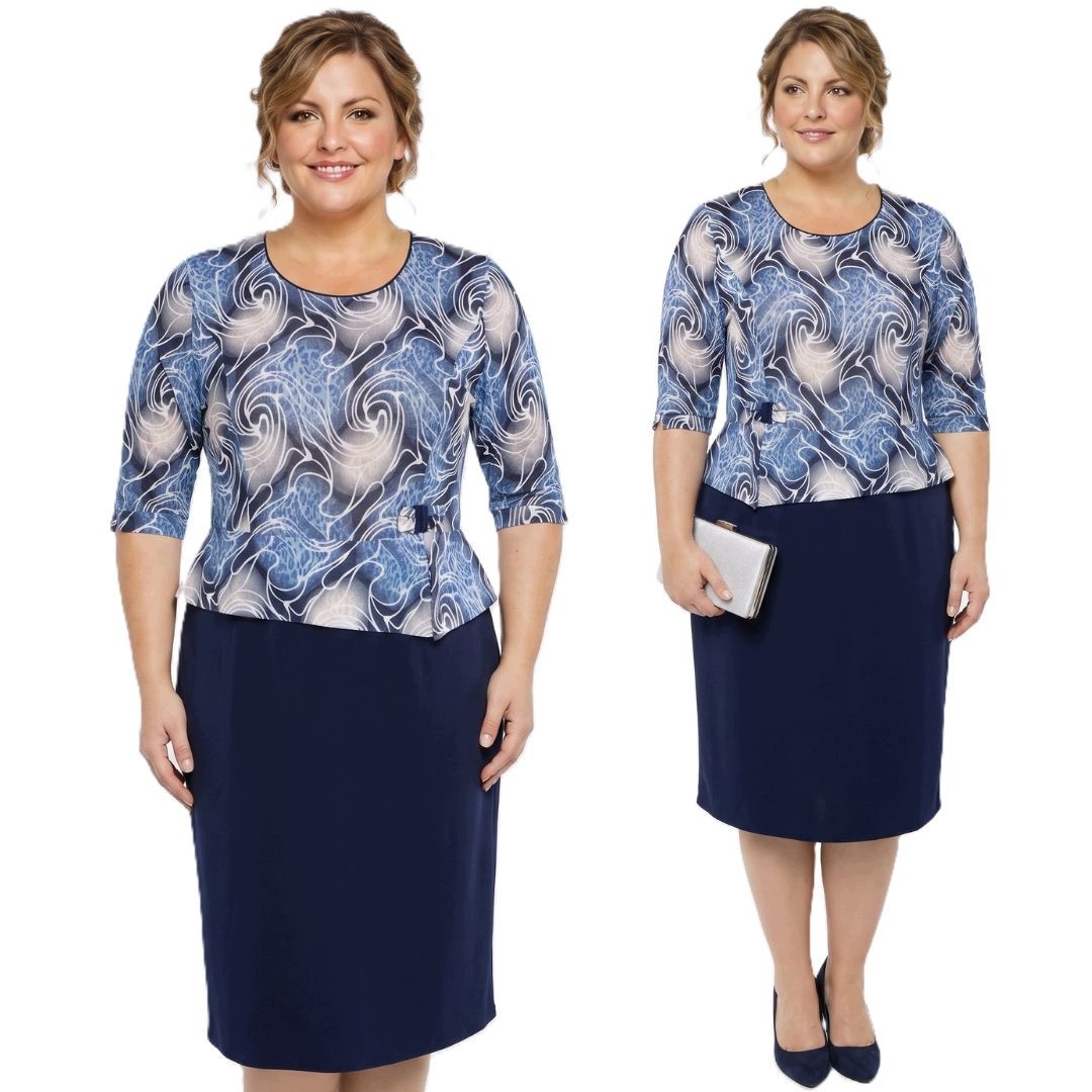 Tmavě modrá šaty s baskinkou s leopardím vzorem a bílými vzory plus size velikost 58