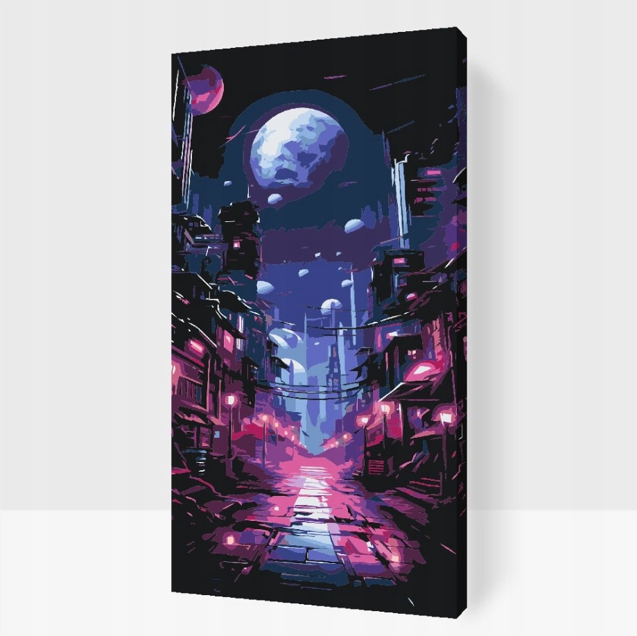 Malování Podle Čísel Město Noc Krajina Ulice Měsíc Domy Velké 40x80 cm