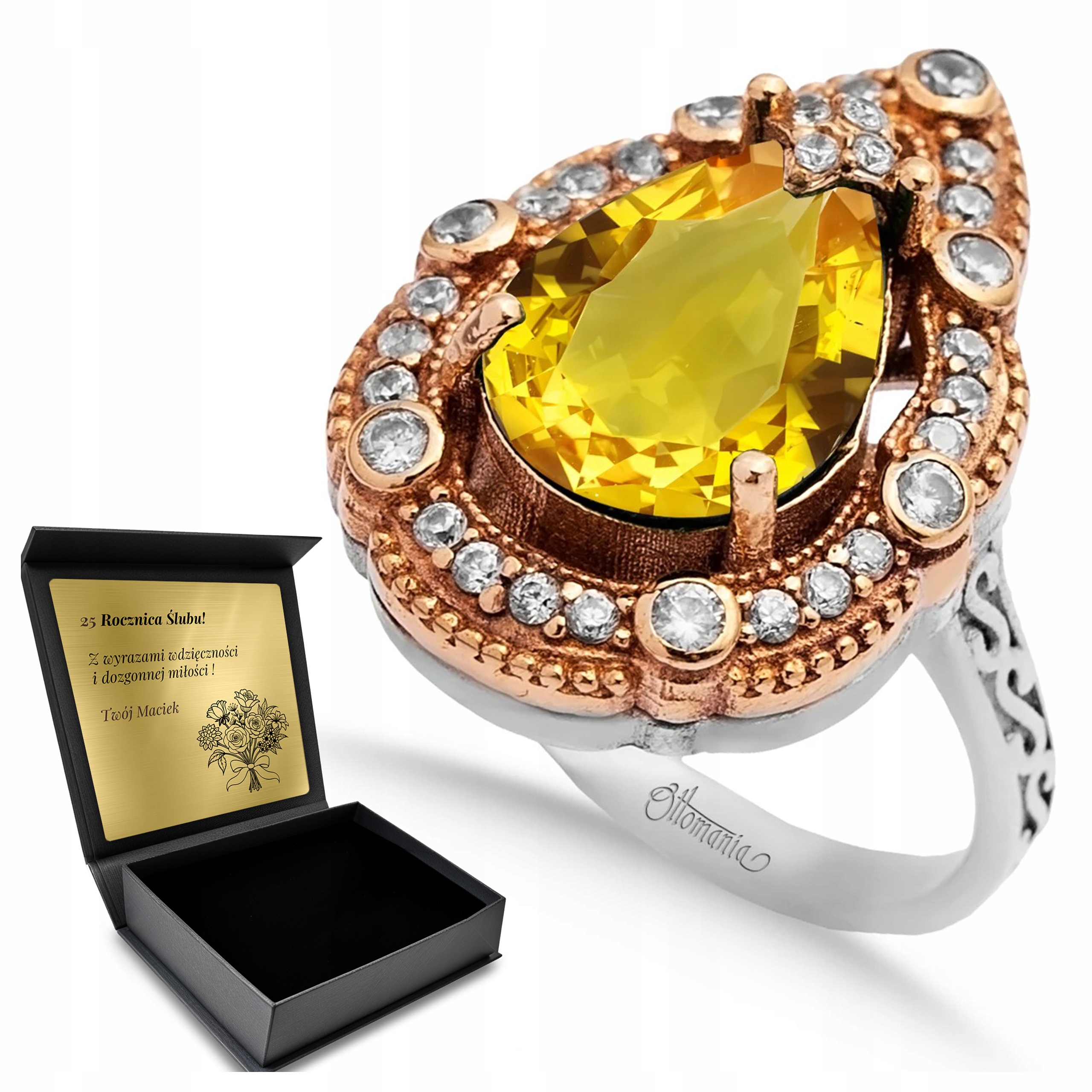 Prstýnek Zirkony Citron Dárek pro ženu Gravírování Bonus