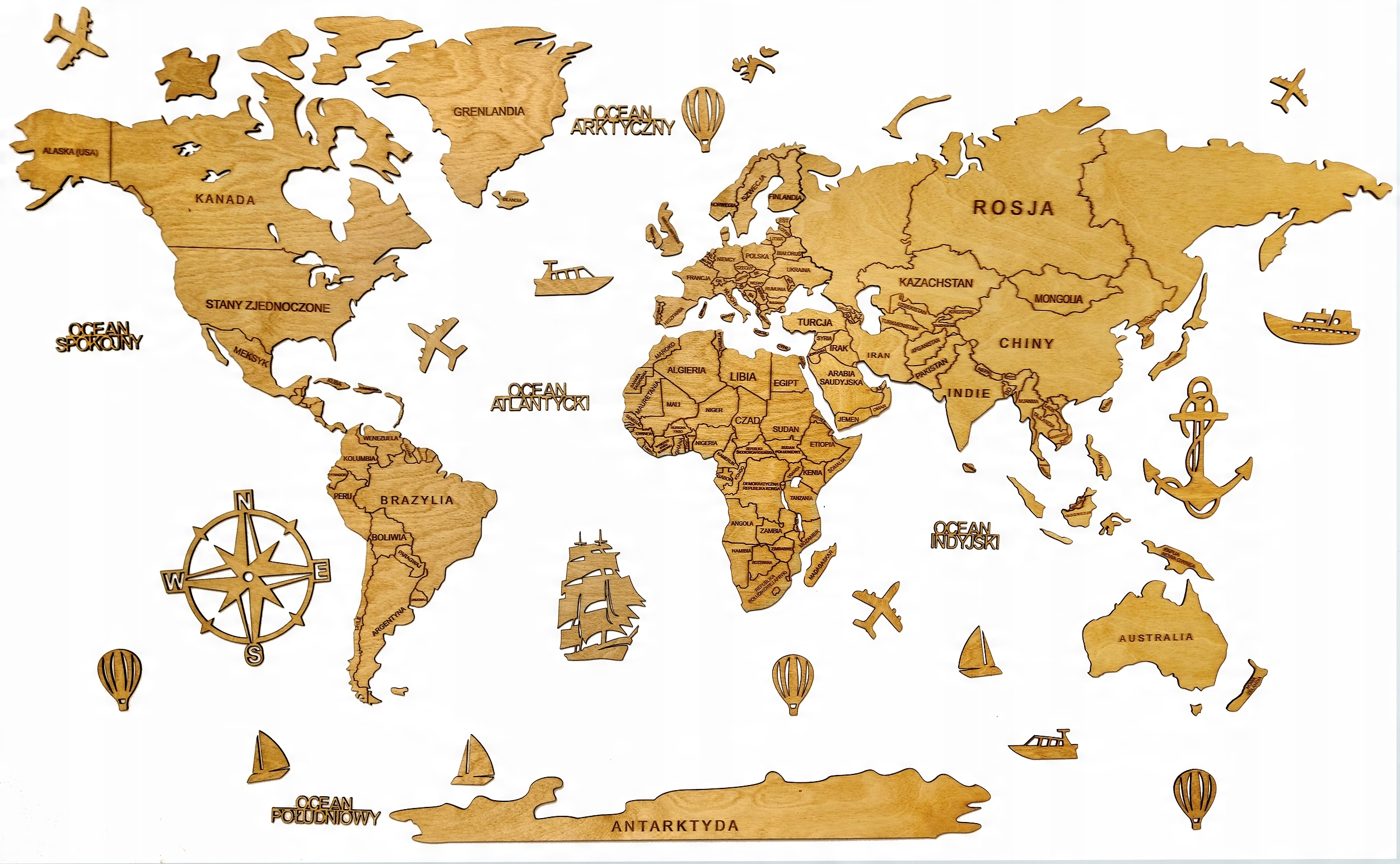 

Drewniana Mapa Świata Dekoracja Premium 120cm