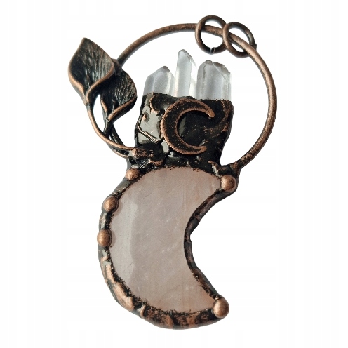 Surový Křišťál A Růžový Křemen, Umělecký Přívěsek Kovaný V Mědi