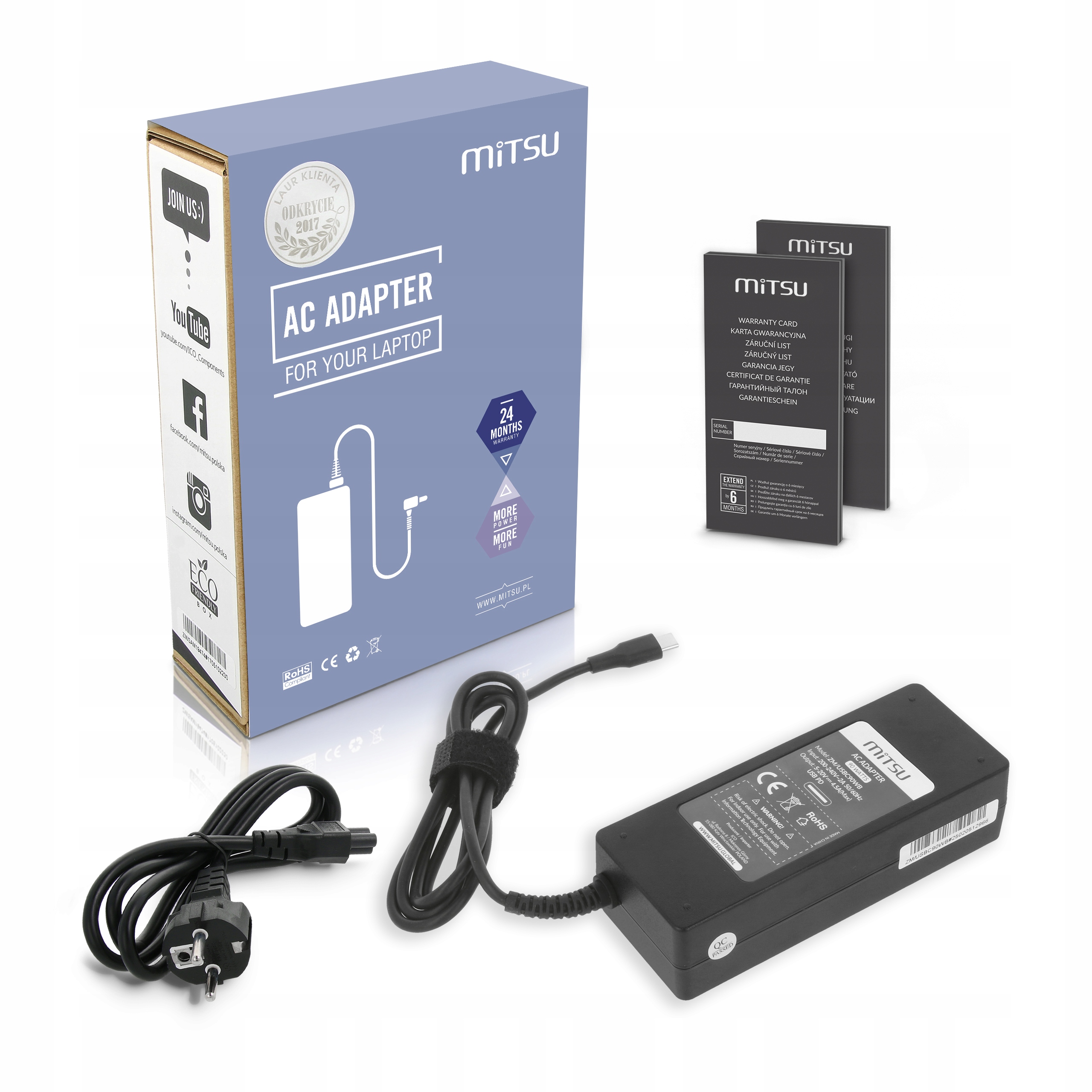 Mitsu Zasilacz ładowarka do laptopa 90W USB-C 5V-9V-12V-15V/3A, 20V/4.5A PD