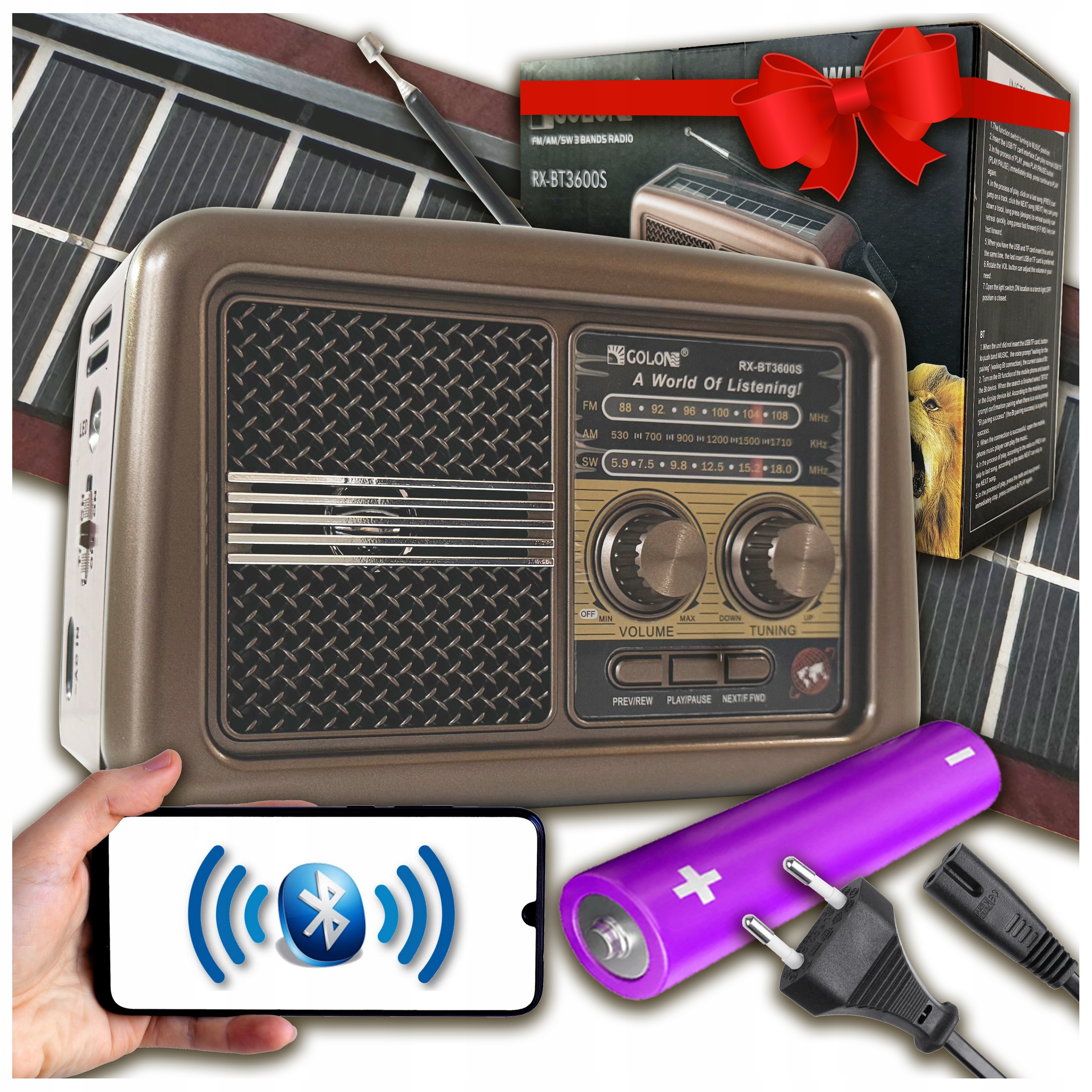 Radio Kuchenne Przenośne Sieciowo-bateryjne Fm Bluetooth Usb Solarne Retro