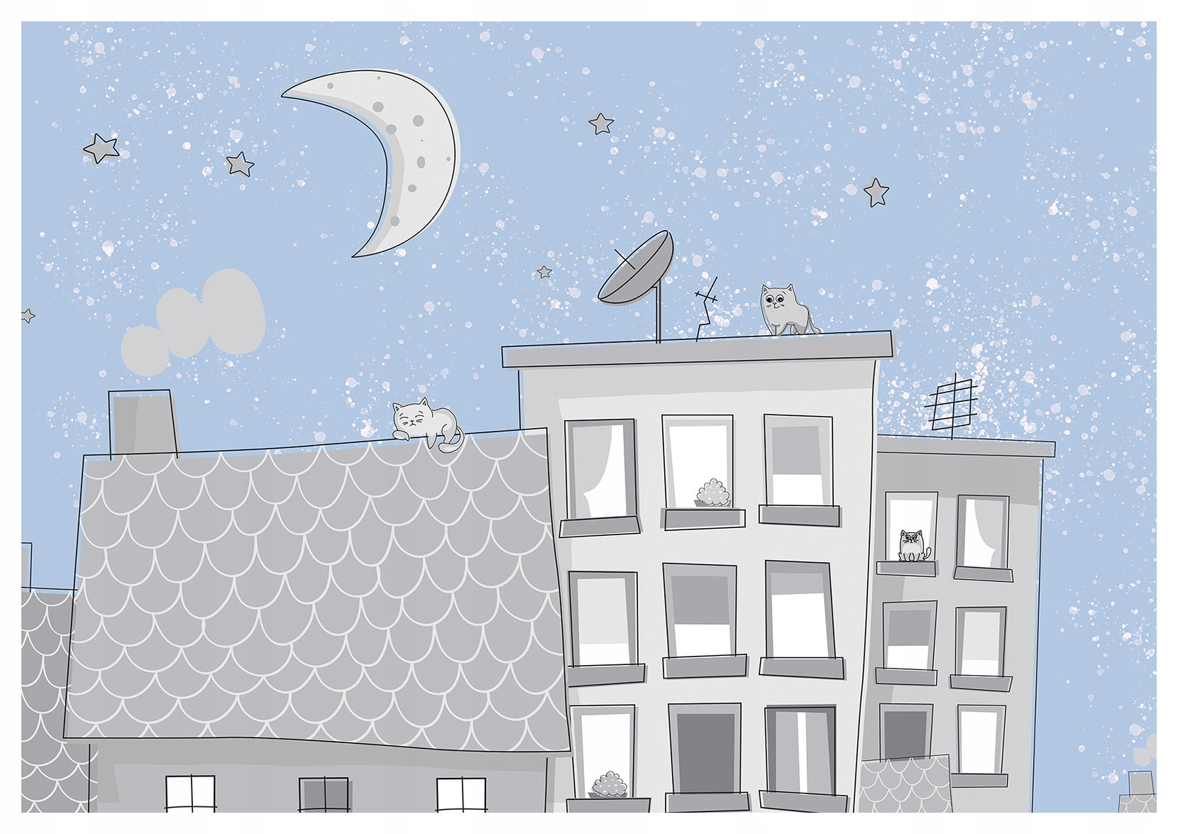 Fototapeta Mesiac mačky na strechách nočné mesto 368x280 okná lepidlo
