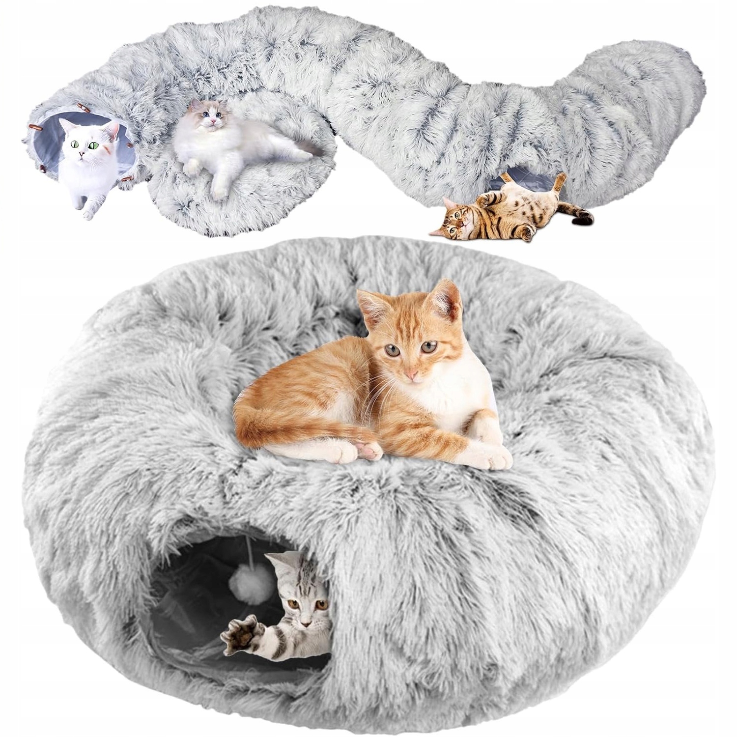 Levně Pelíšek Tunel pro kočky Donut Polštář s míčem 2v1 hračka Šedá