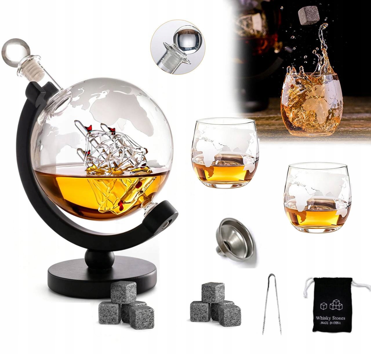 Karafa na whisky Alkohol Globus Loď Sada Sklenice Vkusný Dárek