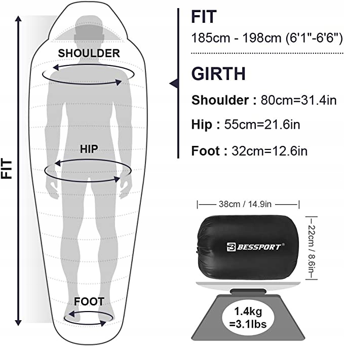 ŚPIWÓR KEMPINGOWY CIEPŁY LEKKI BESSPORT 3 PORY ROKU Marka Bessport