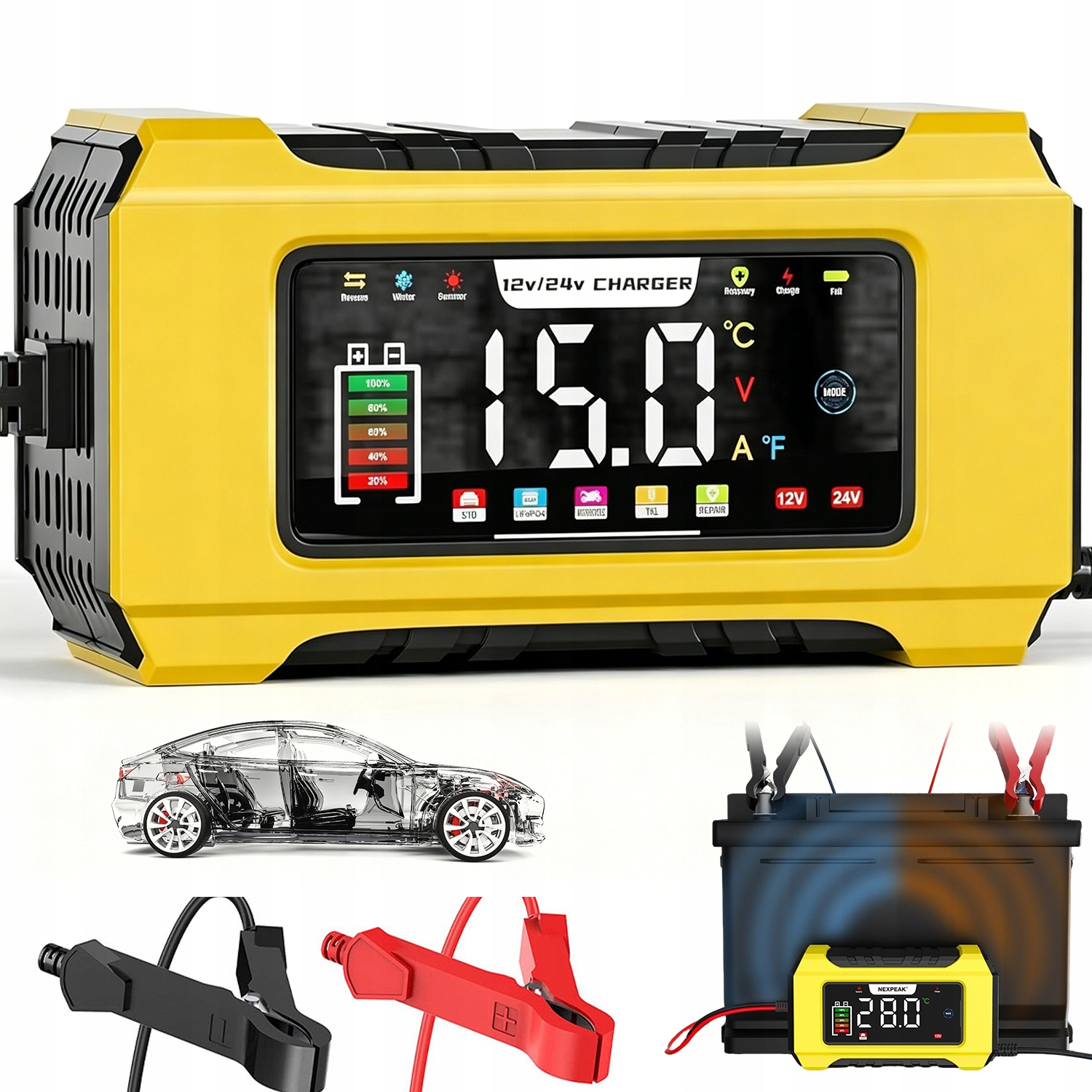 Nabíječka Baterií S Barevným LCD Displejem 12V 24V Pro Automobily