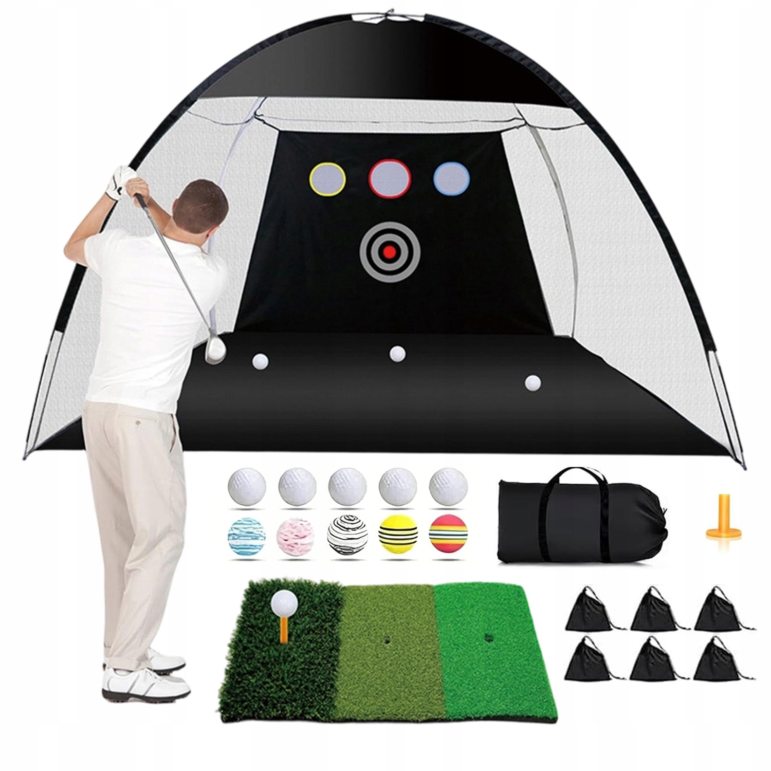 Zestaw Golfowy 3X2M Siatka Treningowa Do Gry W Golfa Z Matą Trójkolorową