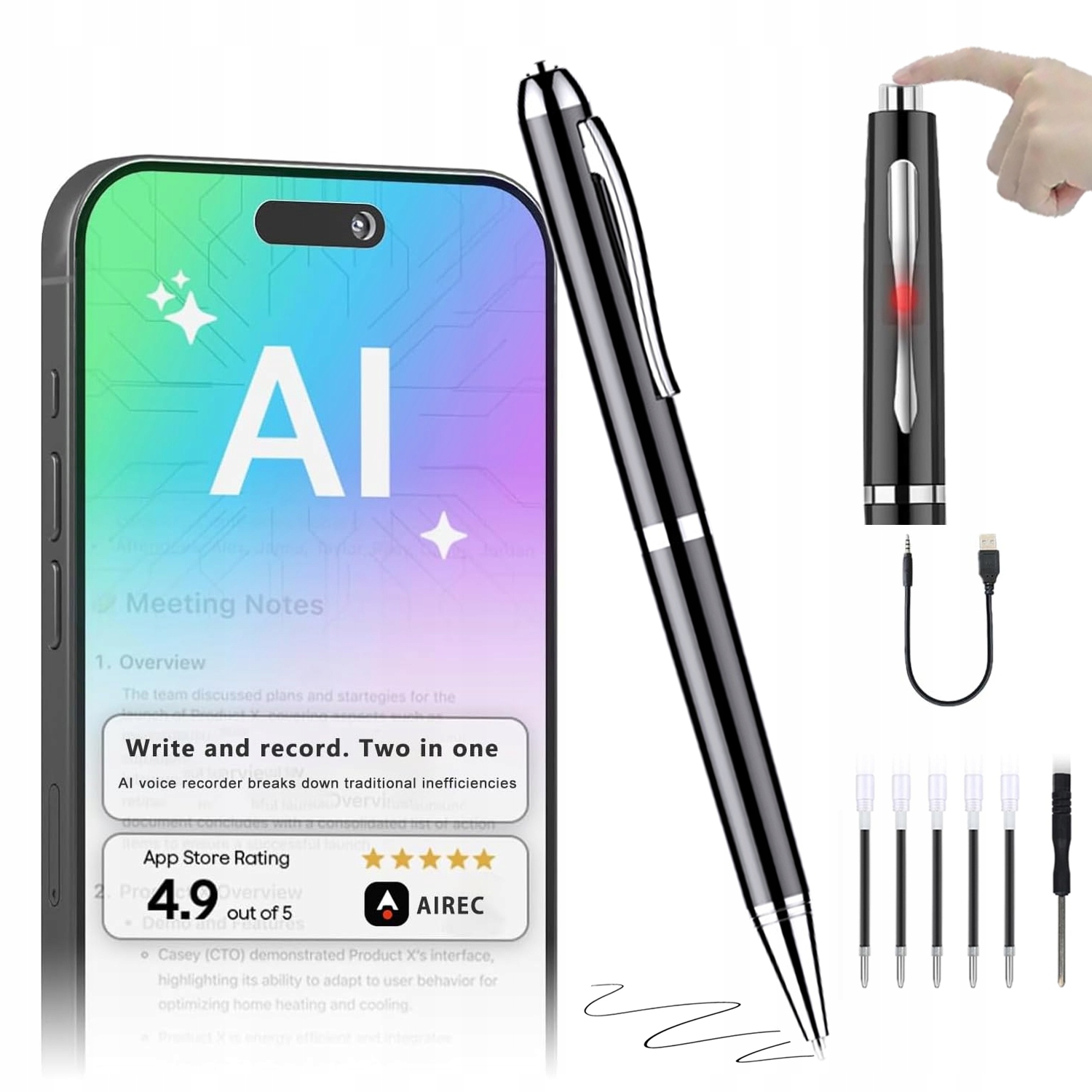 Dyktafon v propisce s Ai pro nahrávání, transkripci a překlad přes aplikaci, 16 Gb, 10 hodin záznamu