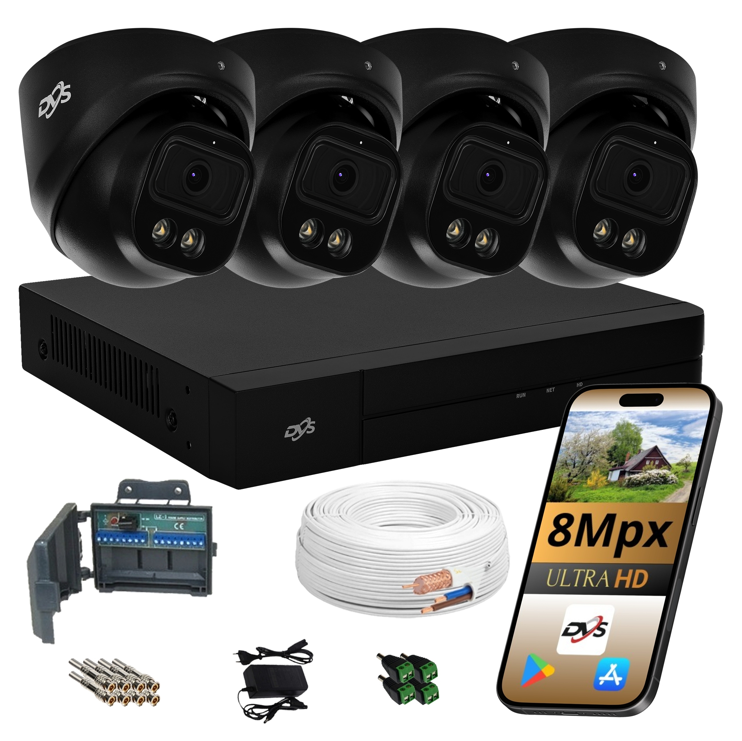 Sada 4 Monitorovacích Kamer Černé Analogové 8Mpx s aplikací Dvs Dual Light