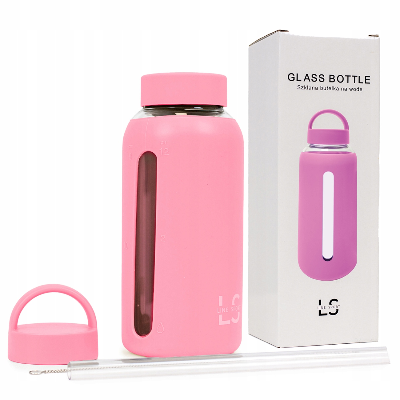 Butelka na Wodę Szklana Line Sport Dwie Zatyczki w Zestawie 800ml Magenta