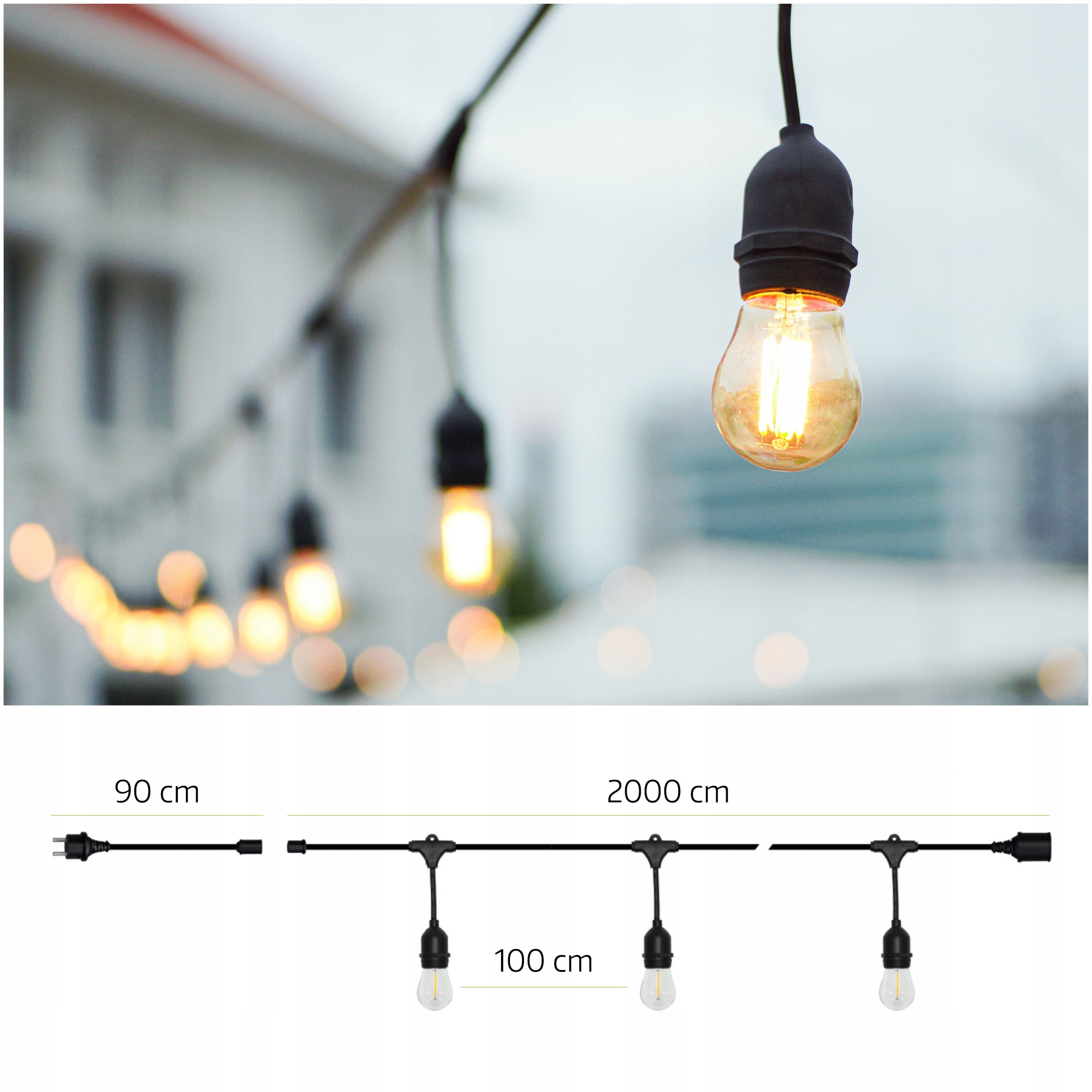 Girlanda Ogrodowa DEKORACYJNA Łańcuch Świetlny 20m na 20x1W IP44 + Żarówki Odległość między żarówkami 100 cm