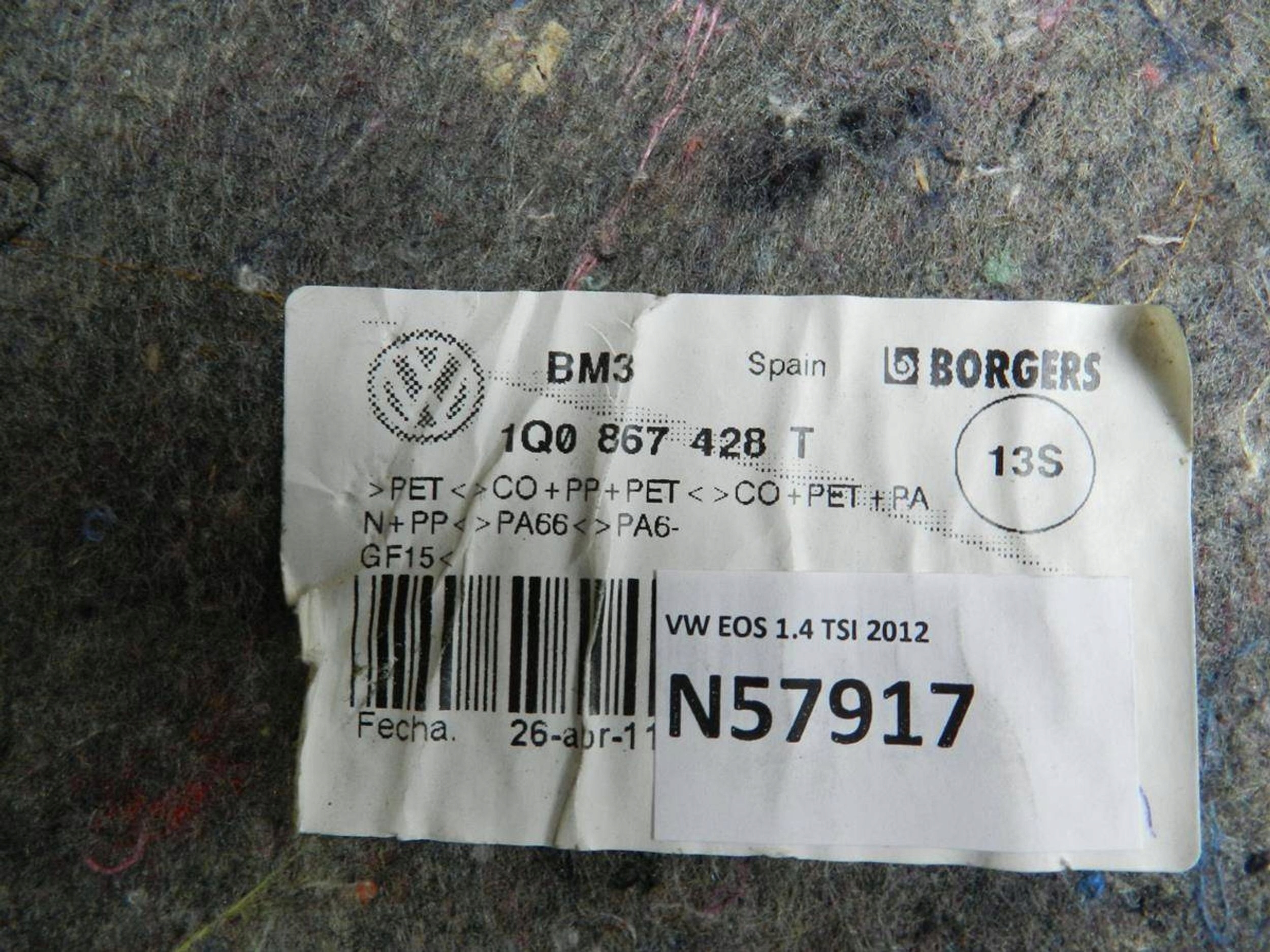 Volkswagen Eos boot upholstery right 1Q0867428T N57917