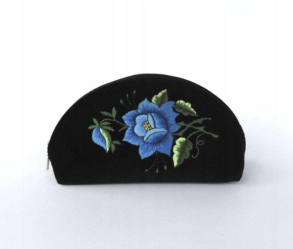 Černá Kosmetická Taška Folk Rybářská Výšivka Modrá Růže Ruční Práce