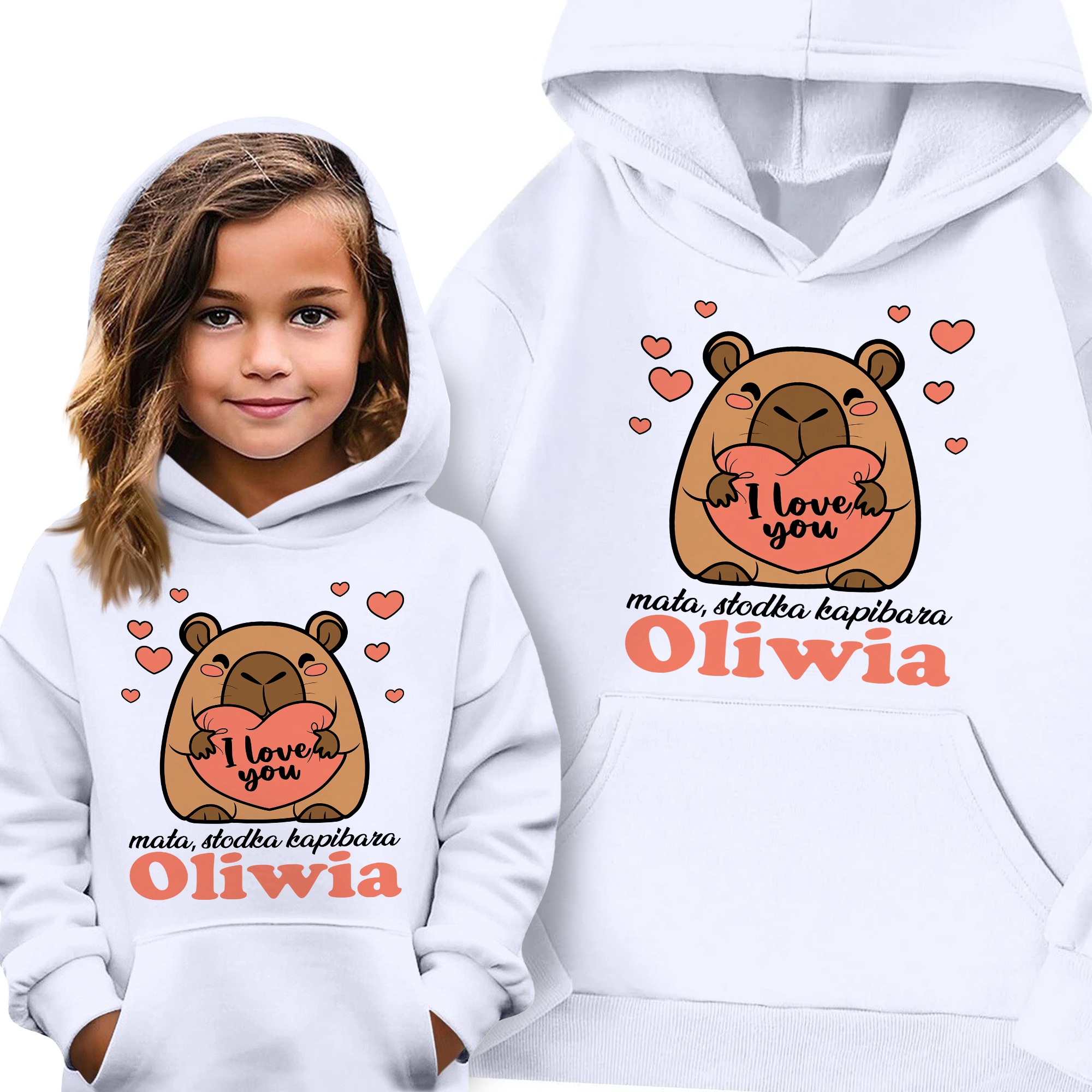 Bluza Dziecięca Z Kapturem Biała Kapibara I Love You Imię Rozm 128