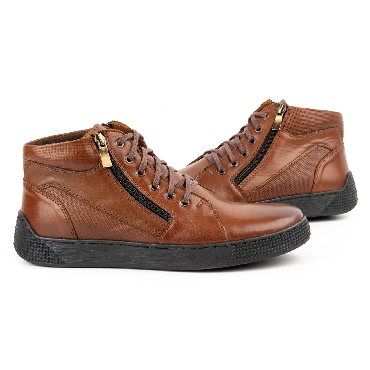 Buty męskie ocieplane skórzane za kostkę z zamkiem z boku 120KAM brązowe 45 Kolor brązowy