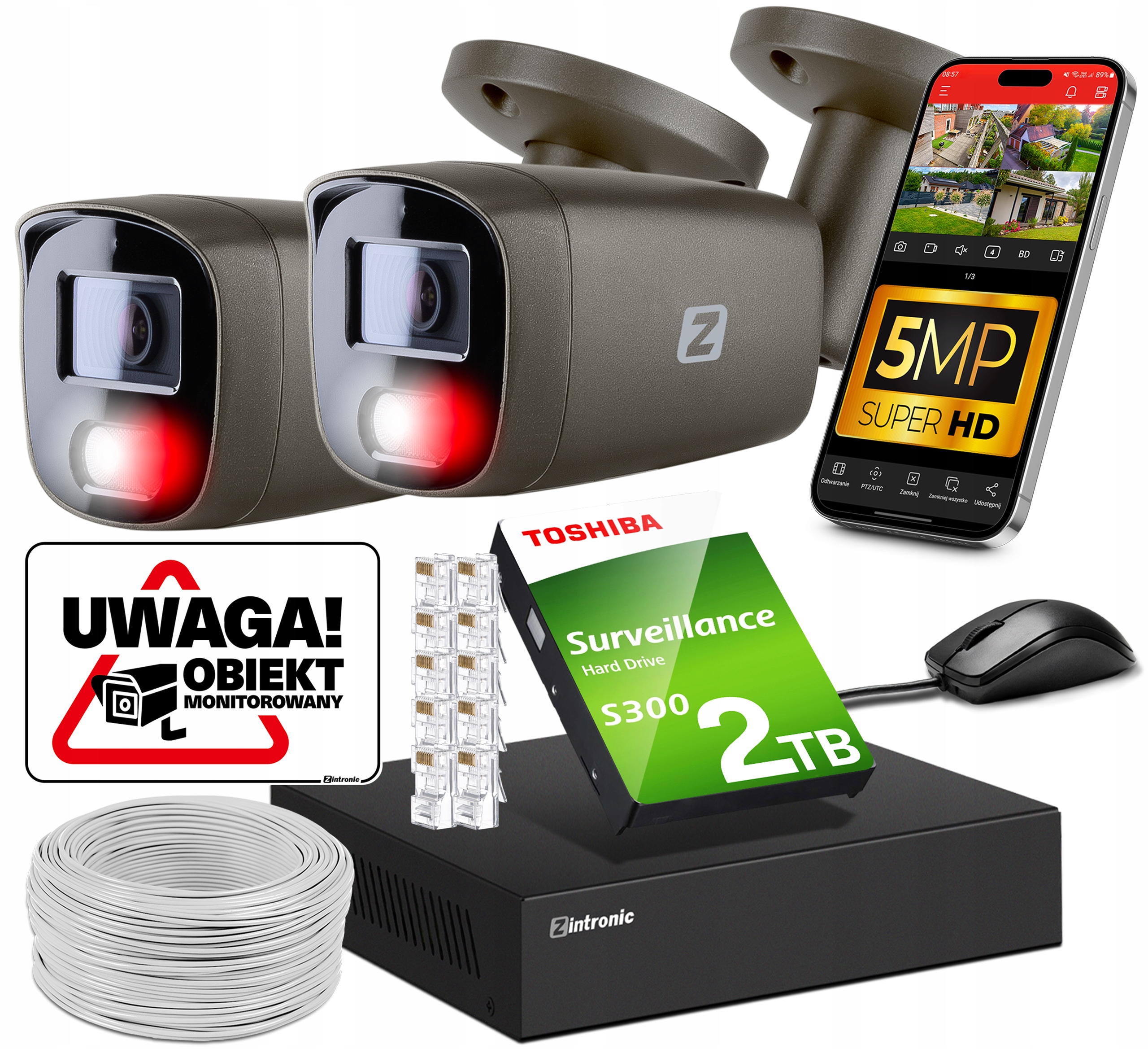 Sada Kamer Pro Monitorování 5MPX Ip Poe 2 Kamery Šedé 2TB Detekce Lidí