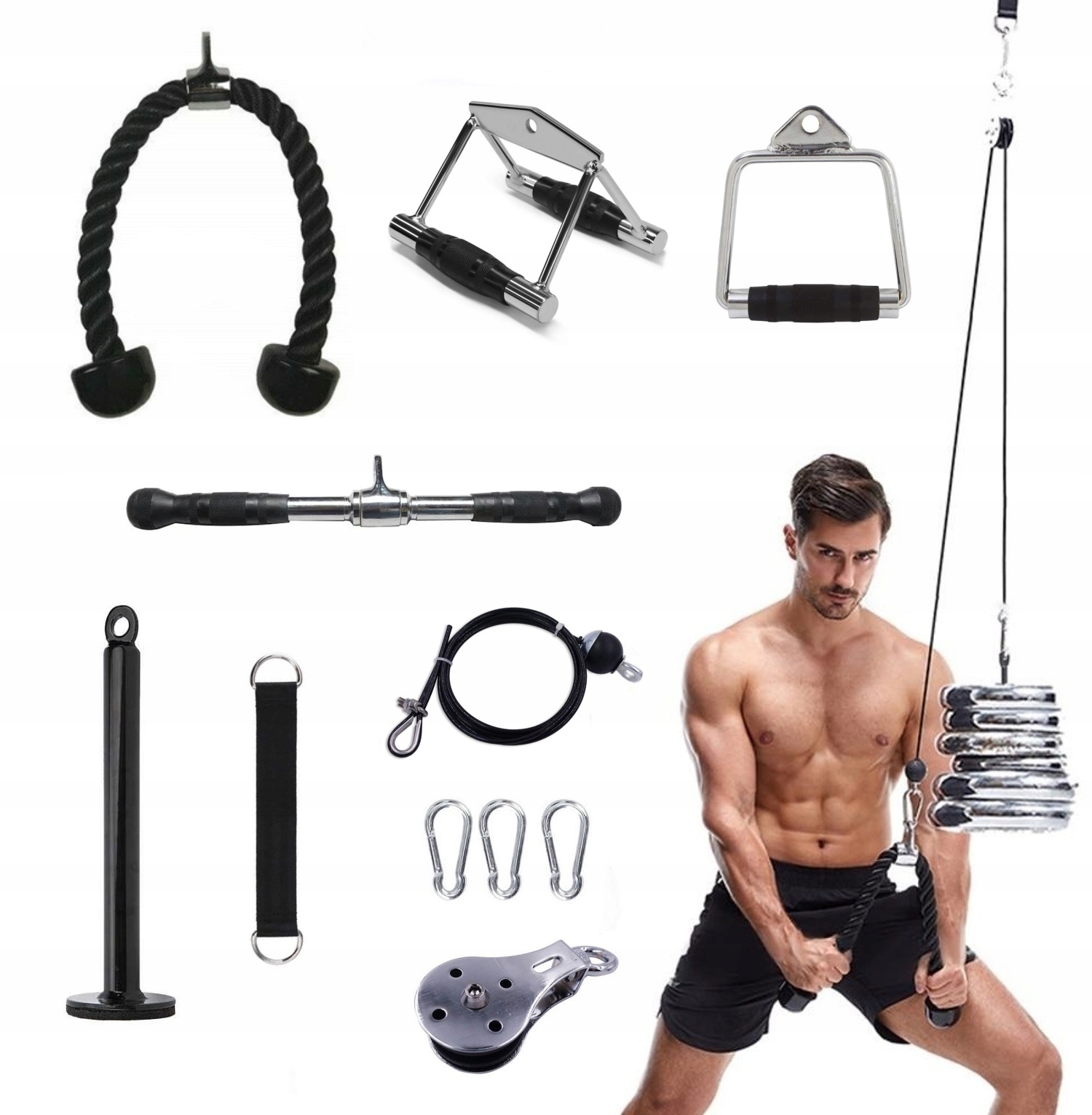 Sada Závěsná Posilovací Kladka pro cvičení: lanko 3 m, hrazda fi=2 cm, 4 x úchytky: lano/šňůra