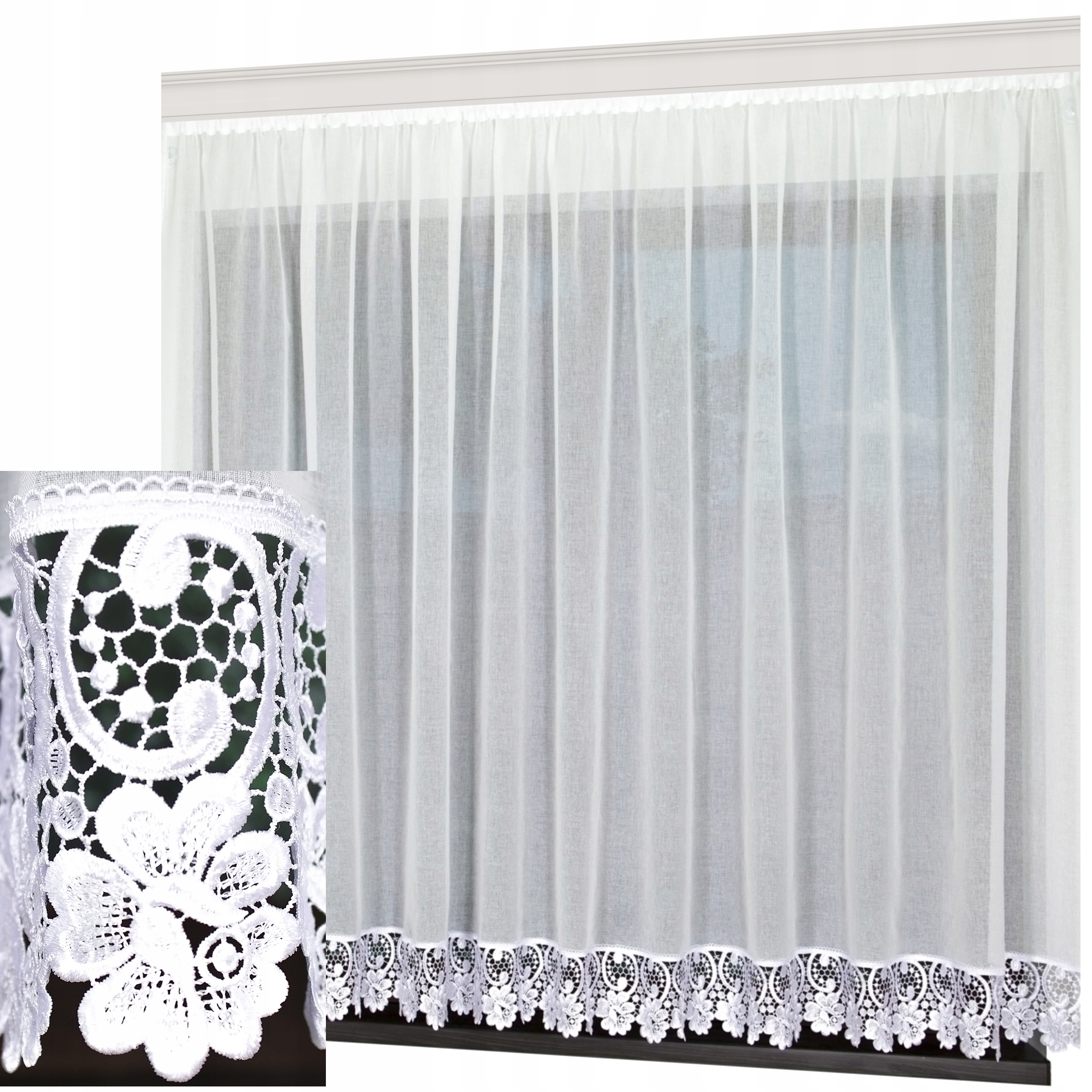 Hotová Záclona Etamin Bílá s guipurou na Tašce 700 x 140 cm Korunka obývacího pokoje