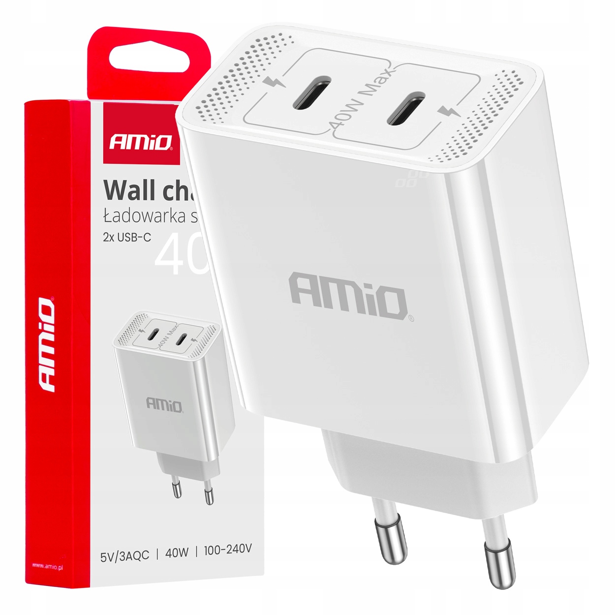 Ładowarka sieciowa 230V 2x Usb-c 40W AMIO-03892