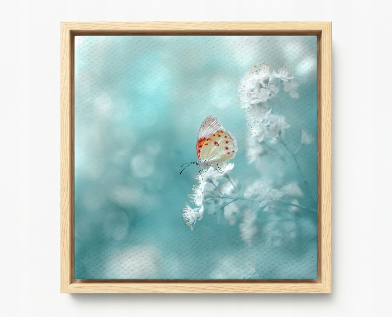 Obraz Rám Americký Box Jemný Motýl Bílé Květy Turkus Bokeh 40x40