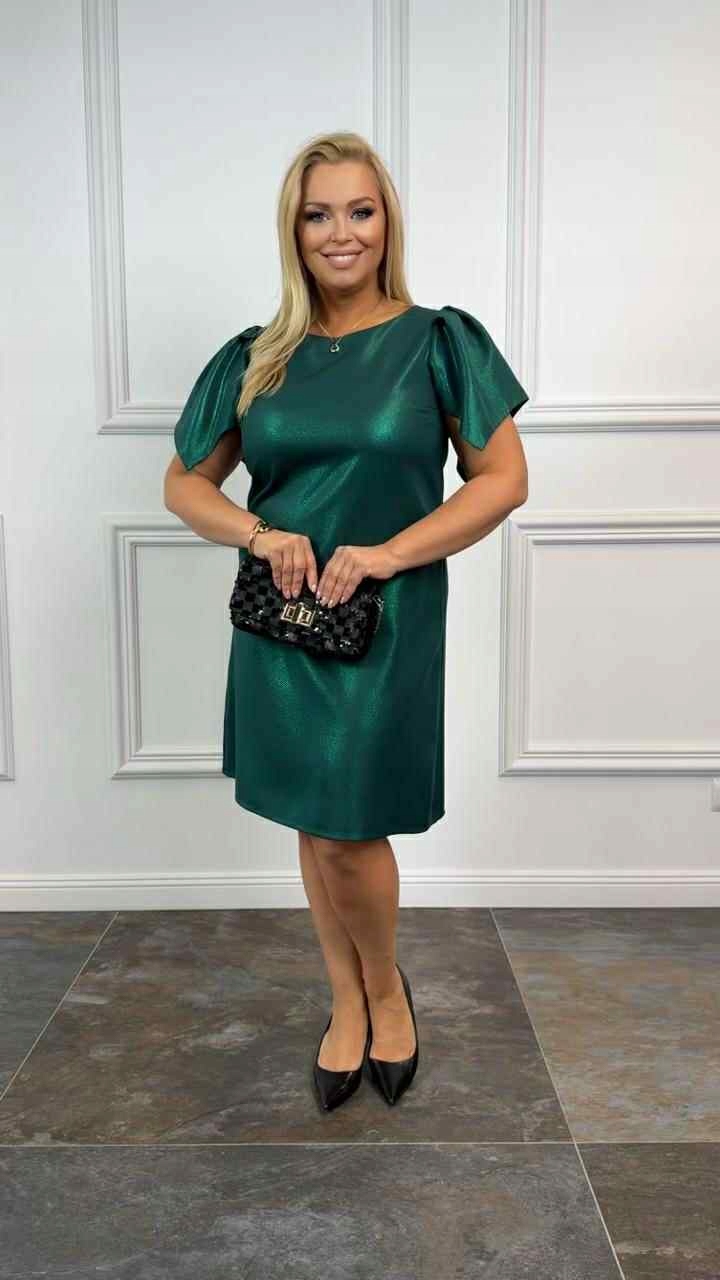 Elegantní zelené klasické šaty s ozdobnými rukávy a leskem, velikost 48