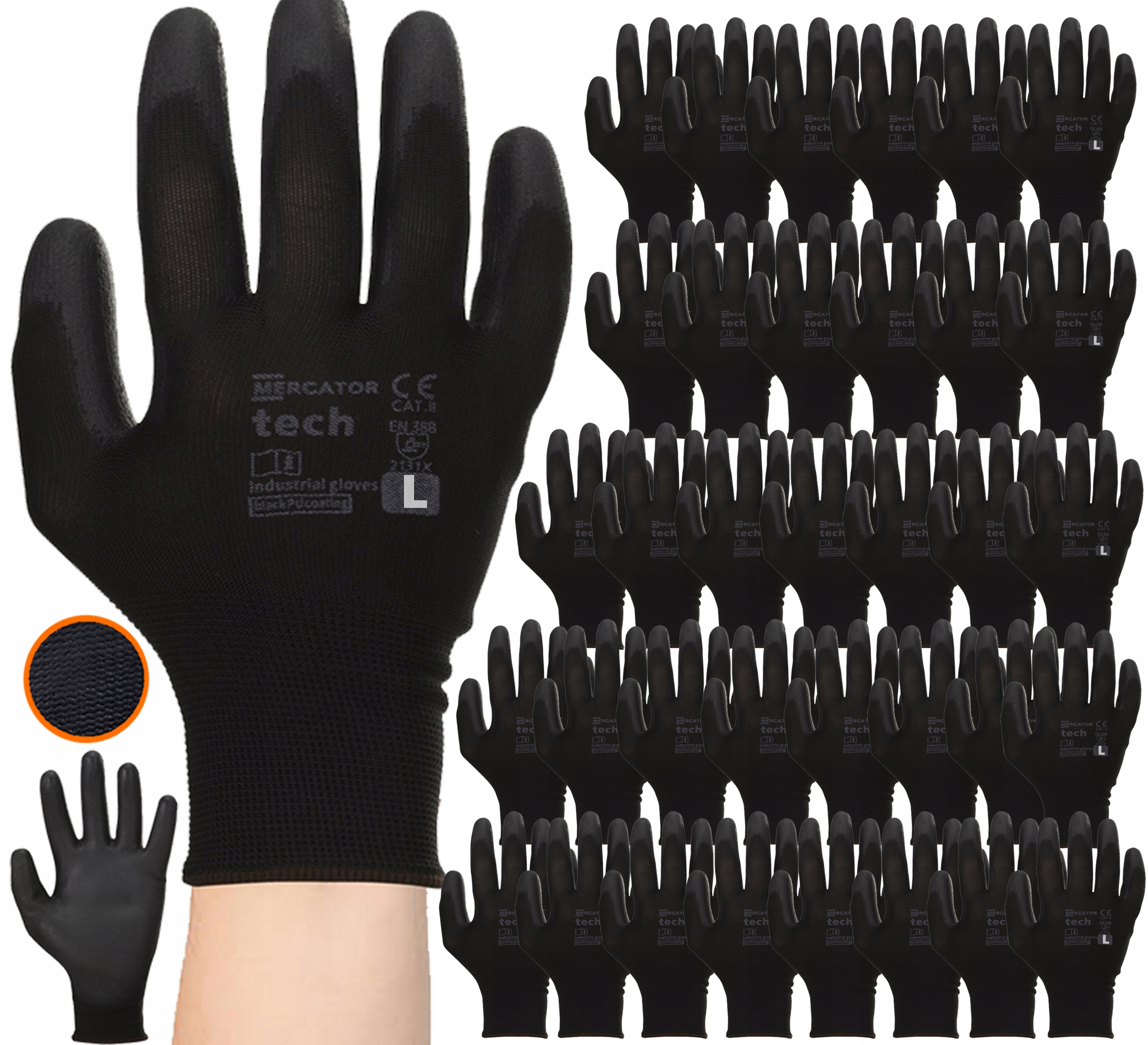 Levně Pracovní Rukavice Tech Mercator Přiléhavé Black+Black Poliur vel. L 120 párů