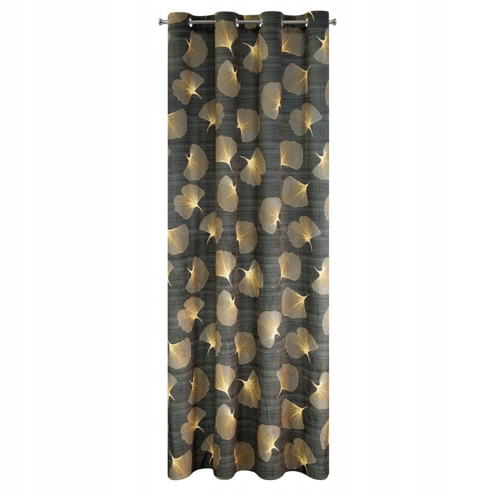 

Modna zasłona grafitowa złote liście miłorzębu
