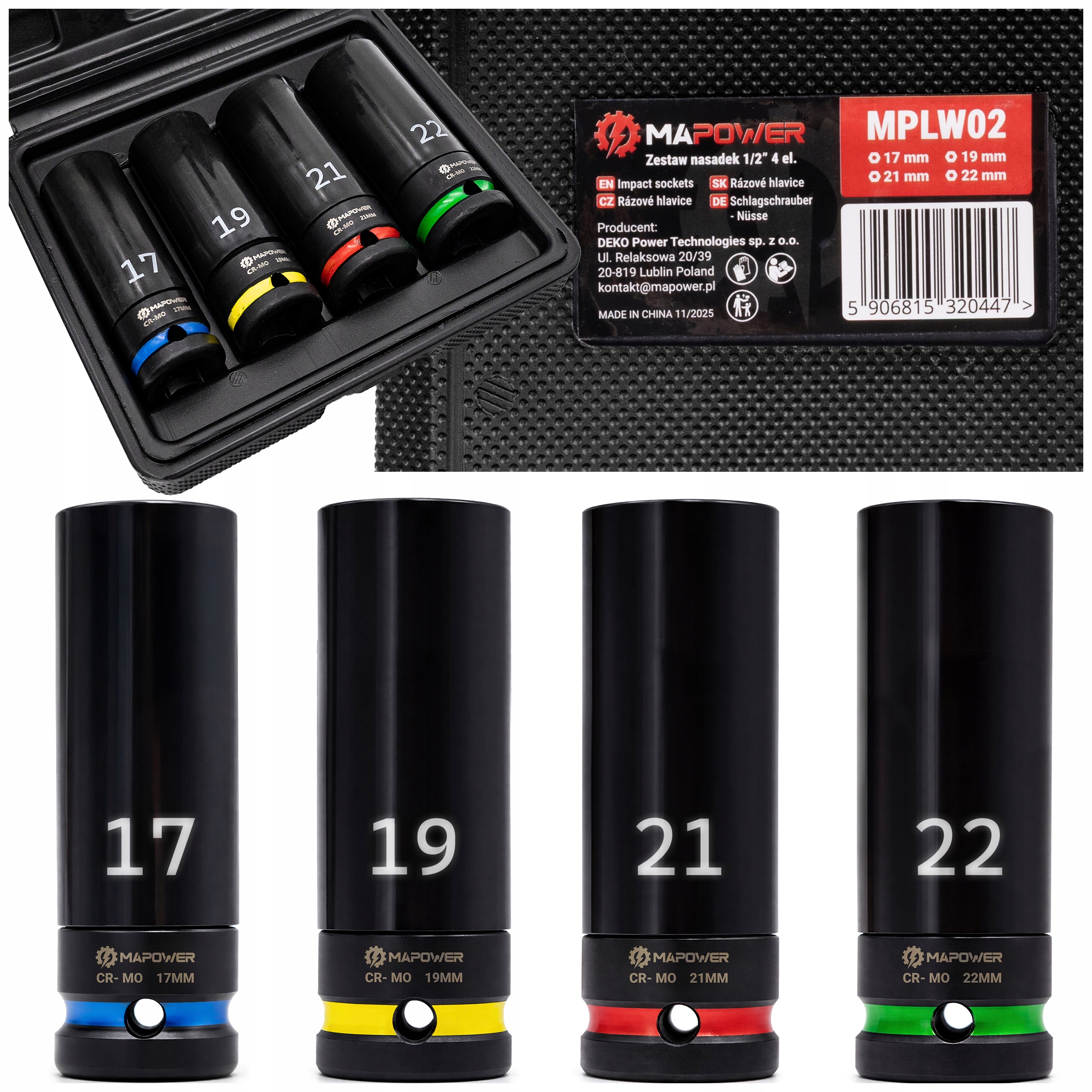 Nasadki Udarowe 1/2 Zestaw Nasadek Do Felg Aluminiowych Długie 17 19 21 22