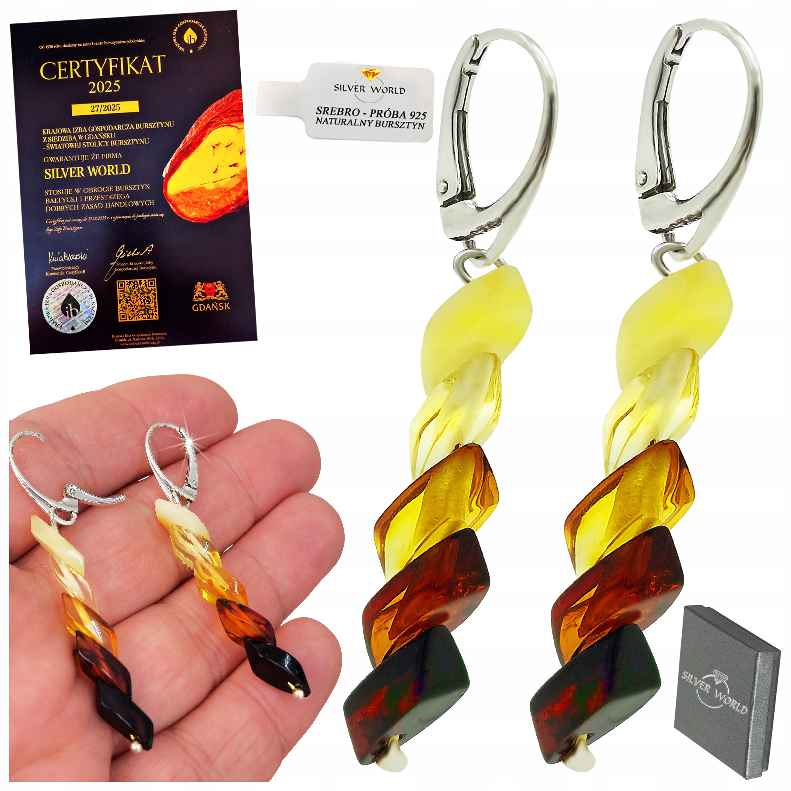 Kolczyki Srebrne Z Bursztynem Cieniowane Długie Wiszące