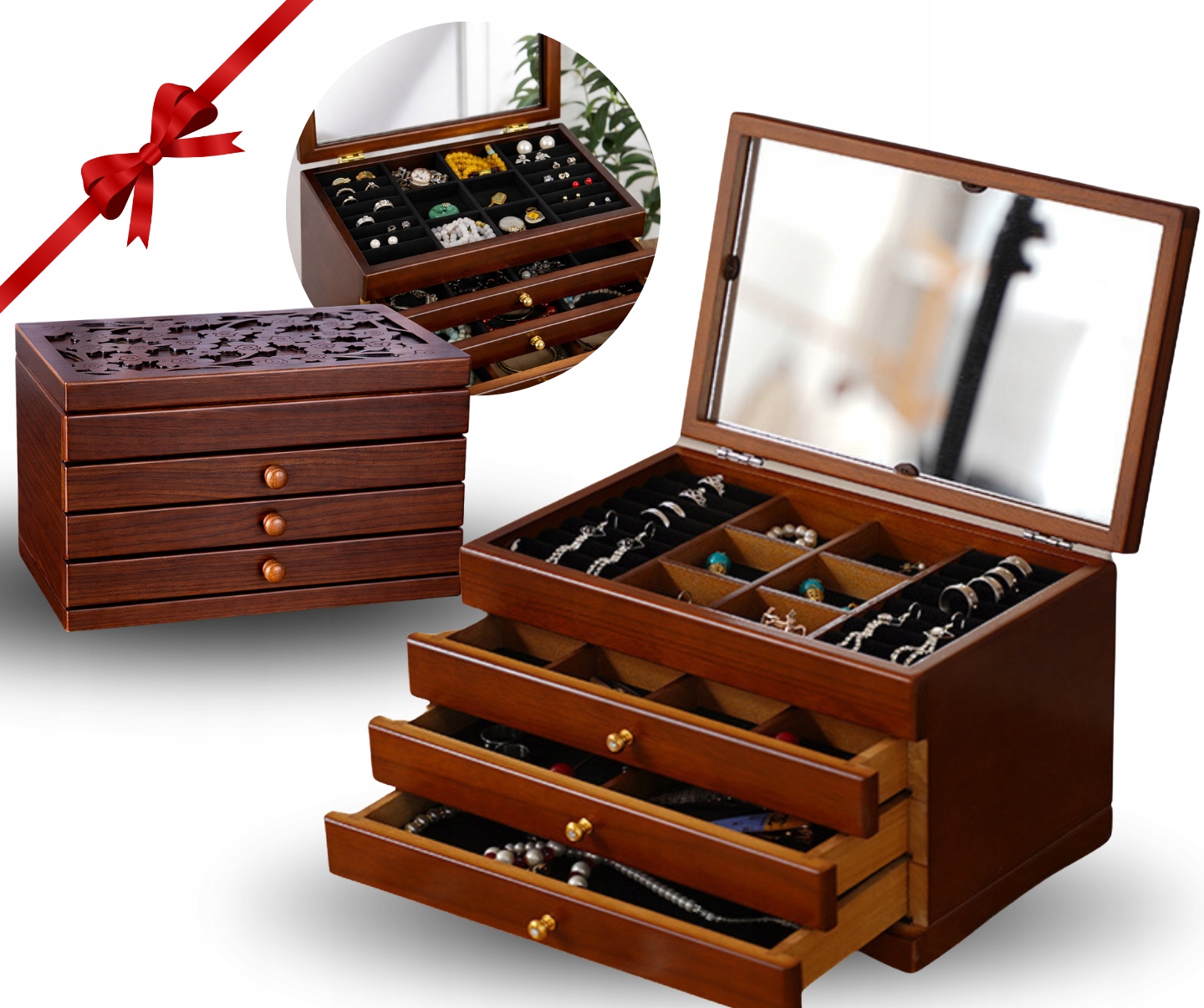 Krabička Kufřík Organizér Na Šperky Dřevěný Hnědý Se Zrcátkem Box