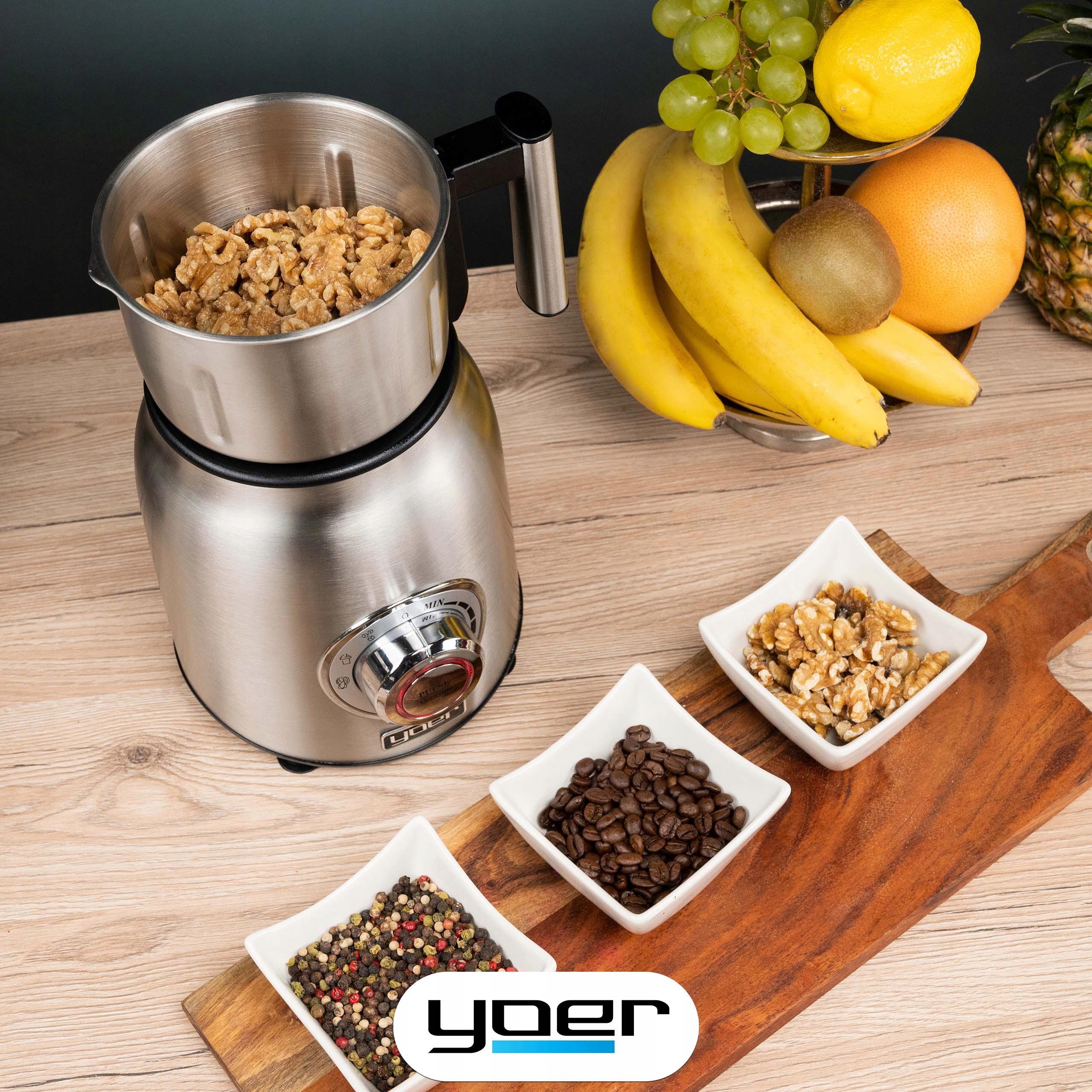 4w1 Blender kielichowy Szklany Mikser Yoer INOX 2,4L 1800W +2 kubki +MŁYNEK Funkcje krojenie kruszenie lodu mielenie mieszanie miksowanie rozdrabnianie ucieranie inne